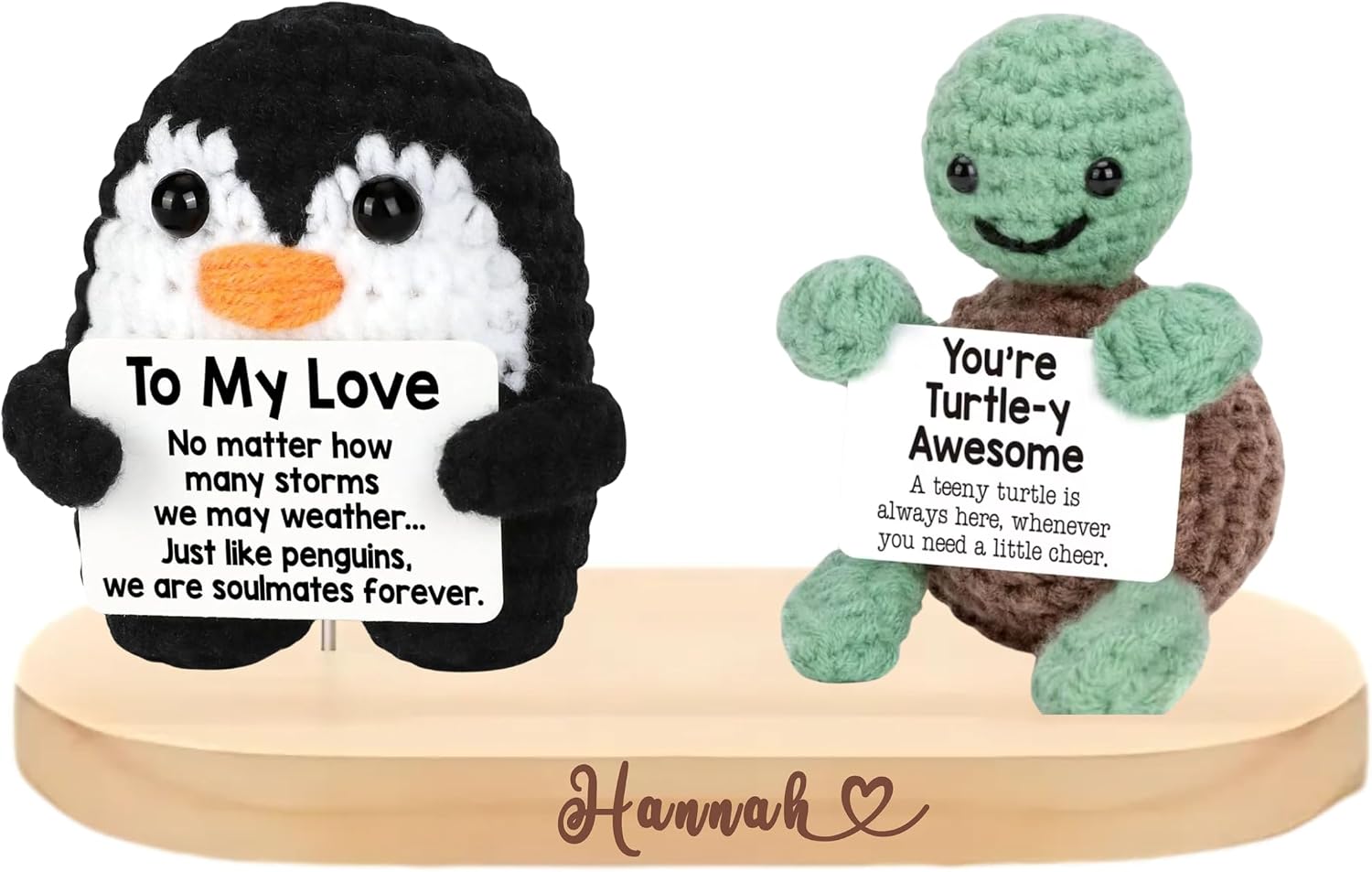 Emotional Support Crochet Animal Plush, Handmade Crochet Doll with Personalized Wooden Stand, Cute Desk Companion, Stress Relief Gift, Self Care Mental Health Support Gift (Dual Stand (2 Dolls))