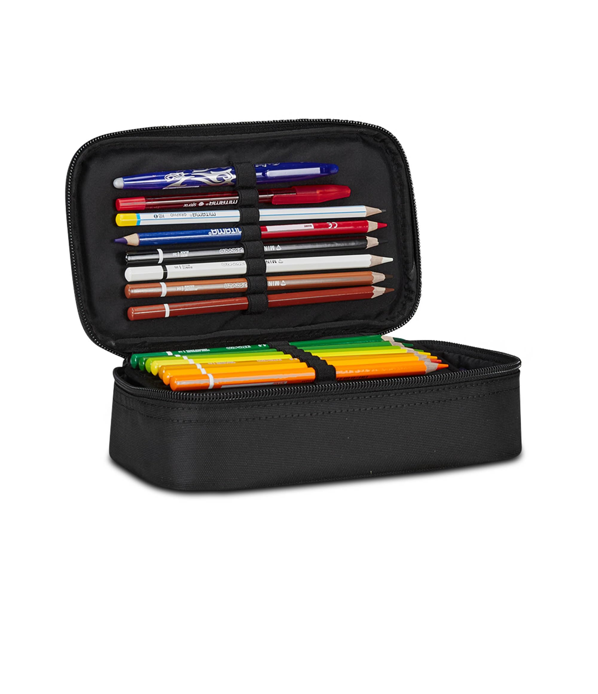 Seven Astuccio Scuola Elementare, 1 zip Tinta Unita, Medie, con Matite, Pennarelli, Penne, Ragazzo Ragazza, Quick Case, nero rosso