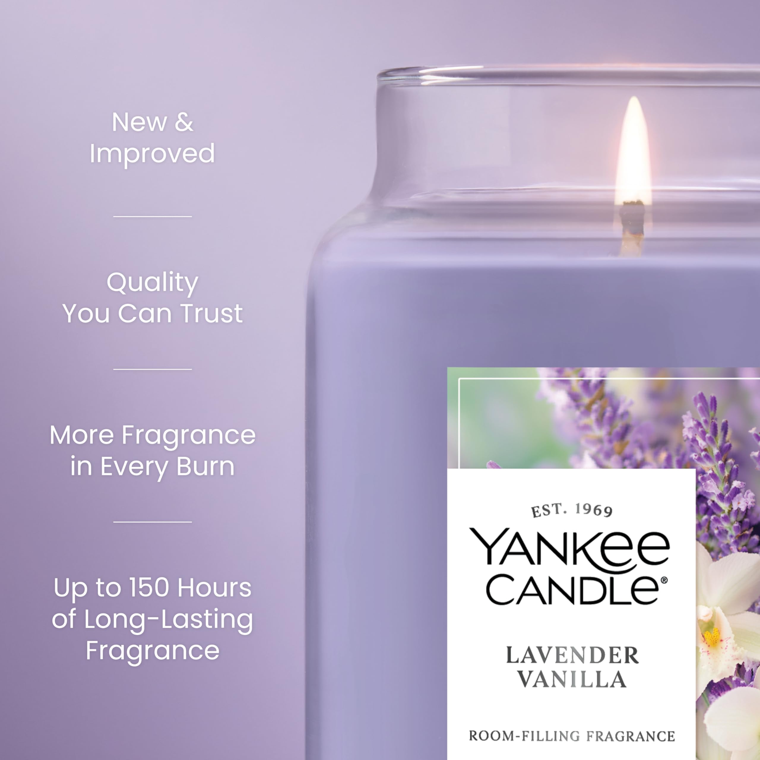 Yankee Candle Large Jar Scented Candle with up to 150 Hour Burn Time, Premium Plant Wax Blend for Consistent Burn, 22 oz Jar Candle with Room Filling Fragrance, Lavender Vanilla