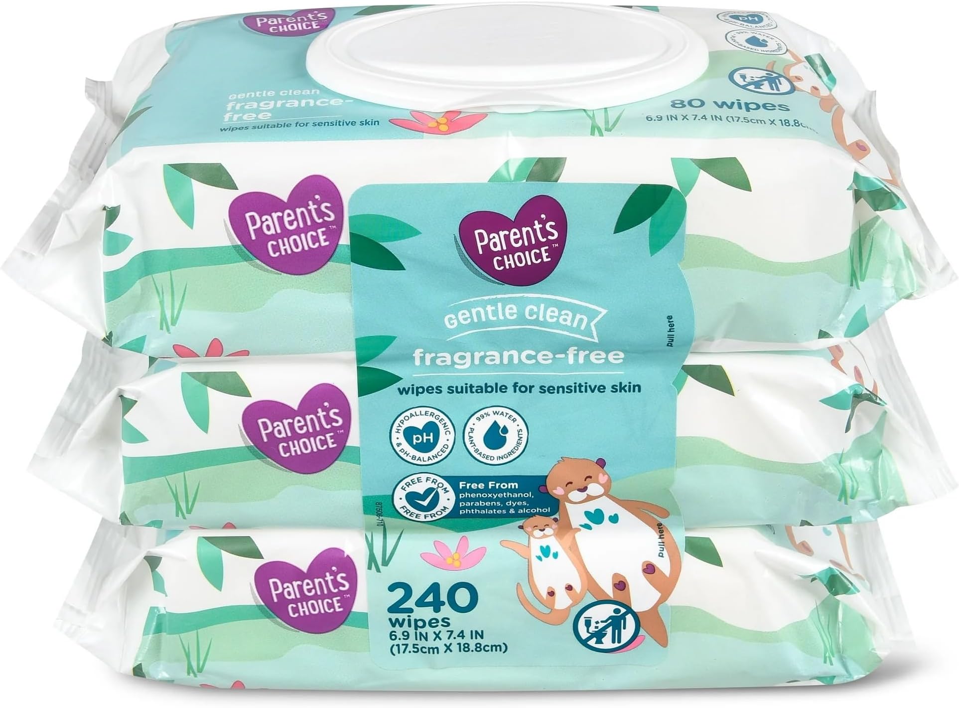 Parent's Choice Gentle Clean Fragrance-free Unscented No Scent Baby Wet Wipes Suitable for Sensitive Skin Infused with Vitamin E and Aloe, 240 Count (Value Pack Includes 3 80-Count Packages) - 1 Pack