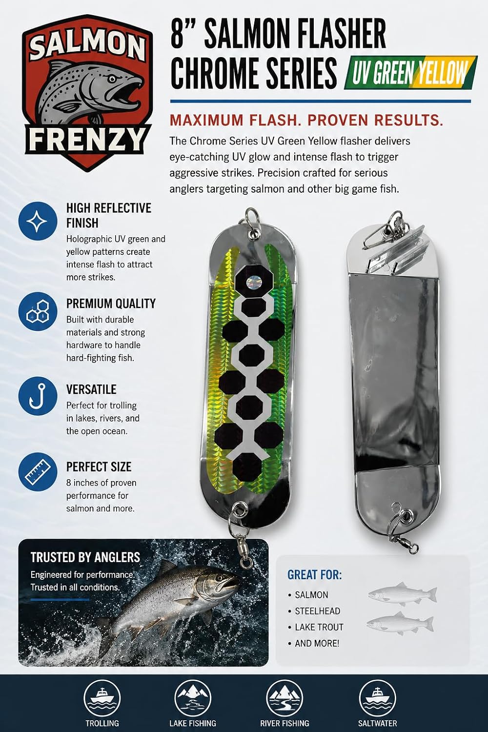 8in Salmon Flasher, Chrome Series, Blue Green, Holographic UV Finish, for Trolling Salmon, Steelhead, and Lake Trout