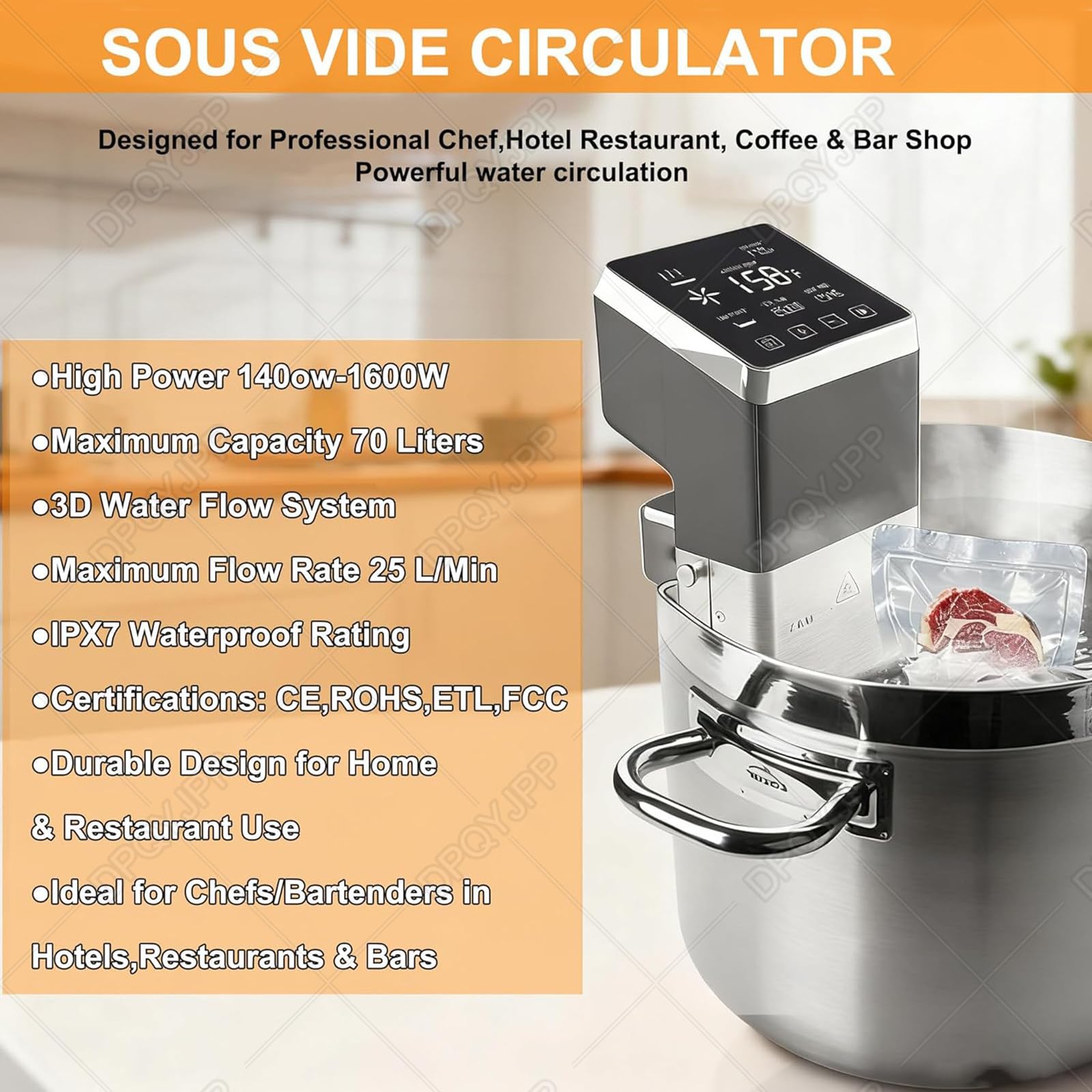 Máquina Sous Vide Profesional Con Pantalla Táctil LCD, Circulador De Inmersión, 1600 W, 70 L, Cocina Impermeable IPX7 Para Uso En Cocinas Restaurantes