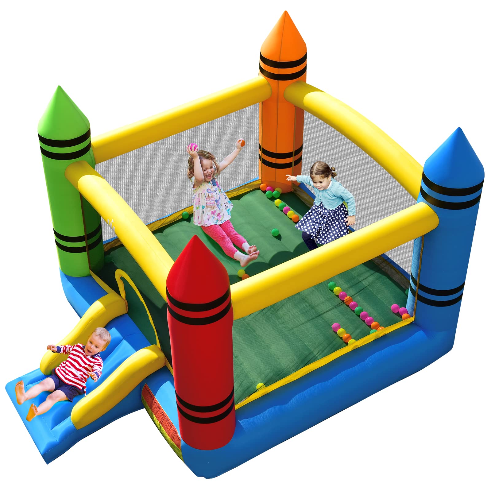 GOPLUS Château Gonflable avec Trampoline Toboggan Gonflable Motif Crayon, Escalade Idéal pour 2-3 Enfants 263x350x226CM (Crayon sans souffleur)