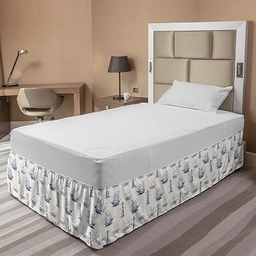Miniatura 2 de Lunarable Falda de cama náutica, navega en las olas del mar con gaviotas faro retro pirata, falda de cama elástica con volantes para decoración de
