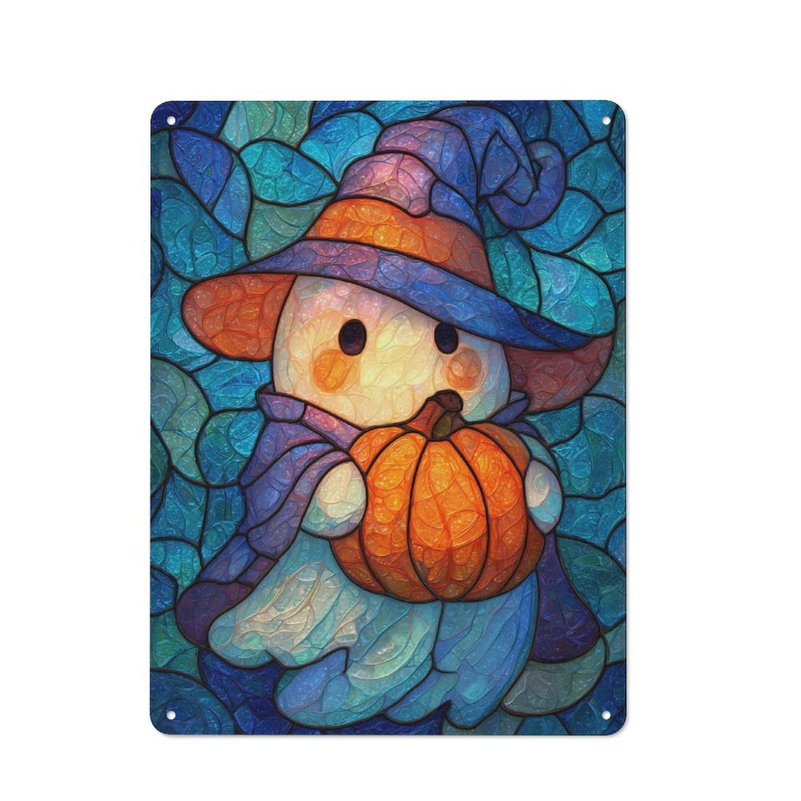 Junmoney Stained Glass Halloween Ghost With Pumpkin Retro Metal Wall Sign 40X30cm With For Café Or Home Bar, For Cooler-Season Styling In Café And Home Bar