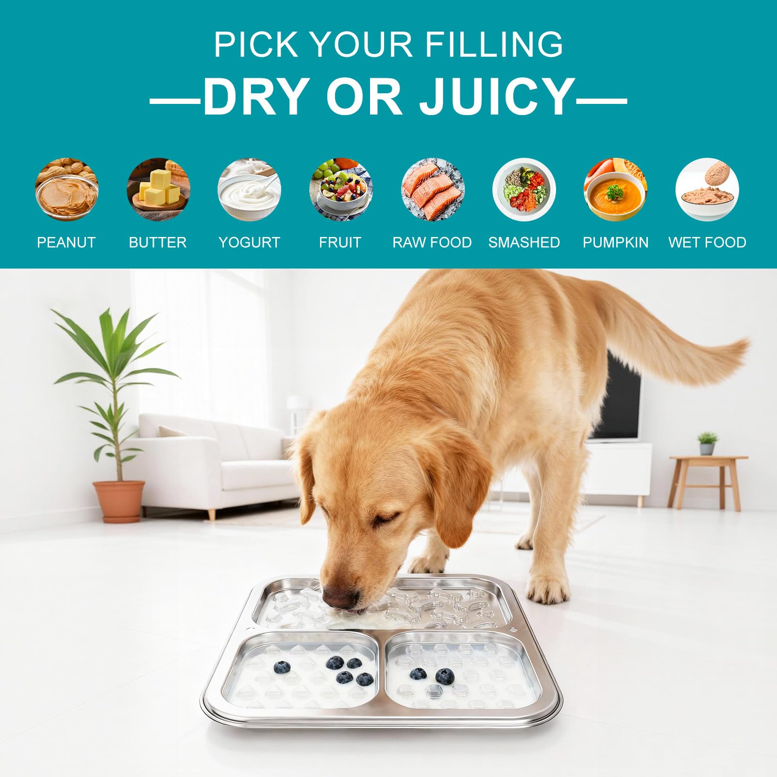 Leckmatte aus Edelstahl für Hunde und Katzen, kaufest, langsamer Futterspender mit Saugnäpfen und Kistenhalterung, drei strukturierte Zonen für ruhiges Füttern und den täglichen Gebrauch, 2 Stück