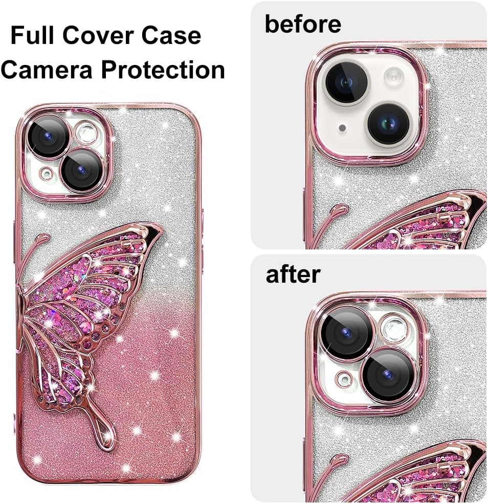 Image of SHINESTAR 3D Butterfly Case for iPhone 15 Cover, Cute Girly Glitter Bling Luxury Back Cover for Women Girls Protective Shockproof Slim Camera Protection for iPhone 15 - Pink