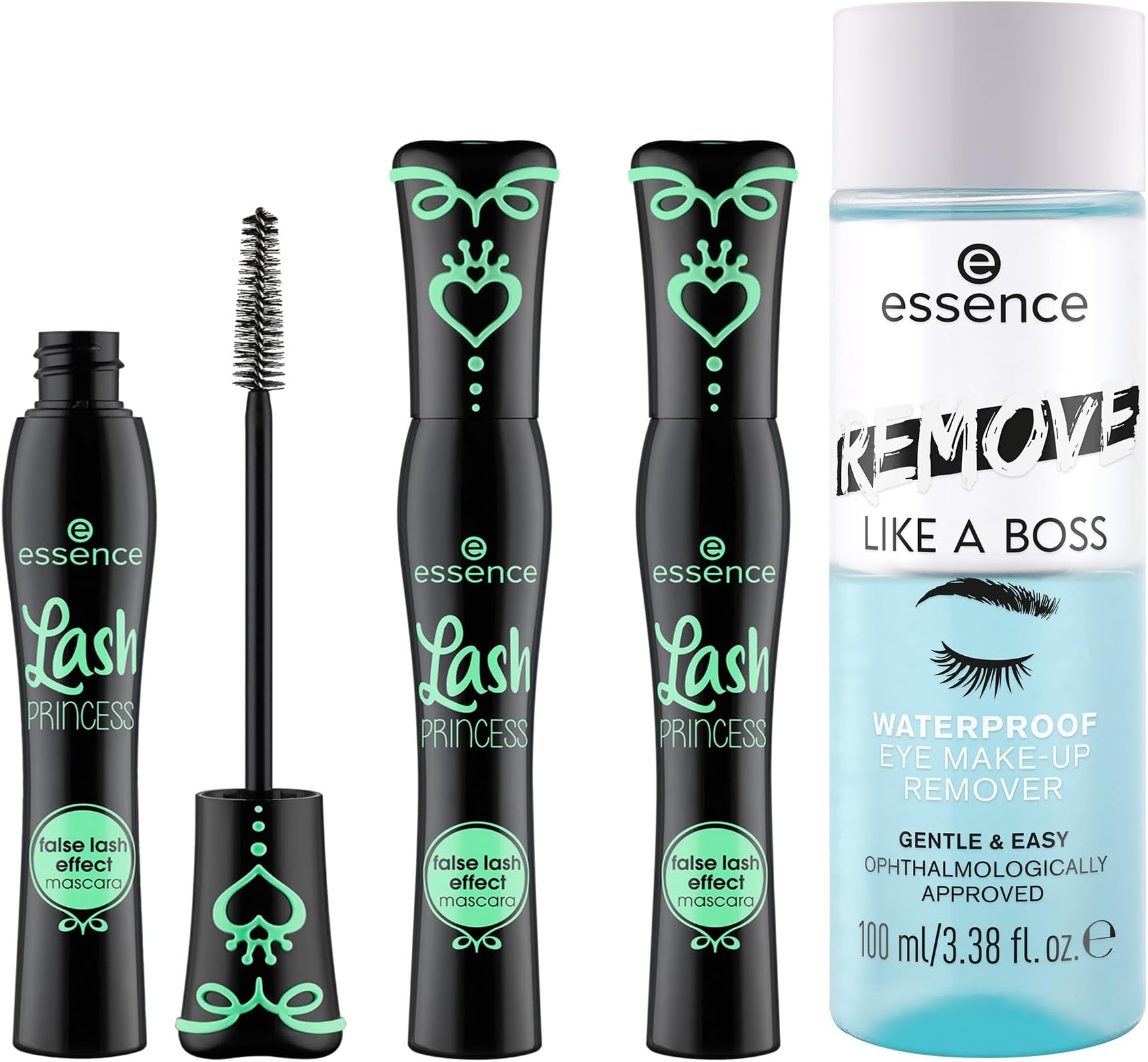 essenceLash Princess False Lash Effect Mascara 3-Pack & Remove Like a Boss Waterproof Eye Makeup Remover Bundle