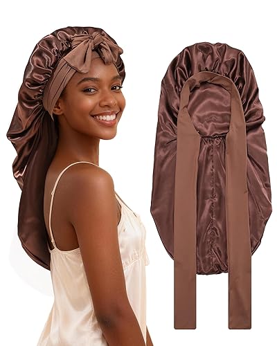AWAYTR Gorro largo de satén para trenzas, gorro elástico de seda para dormir, banda de amarre elástica para mujeres (marrón)