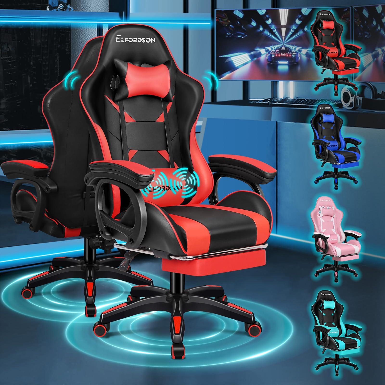 ELFORDSON Gaming Chair with 2-point Massage Lumbar Cushion, High Back PC Computer Game Chair, 150° Reclining Office Chair with Headrest & Footrest, 360° Swivel, Home Esports, PU Leather, Red