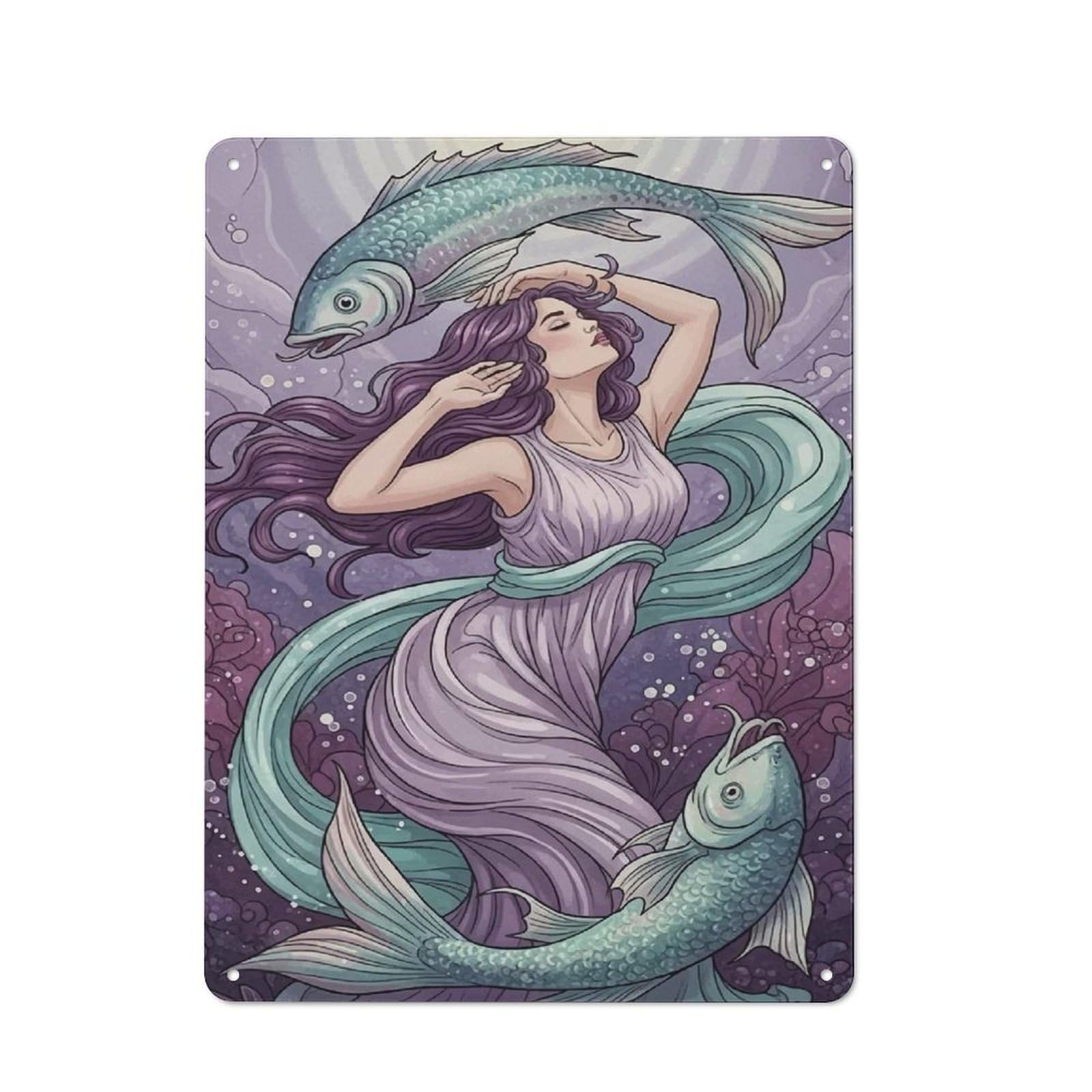Metal Wall Sign 40x30cm Featuring Pisces Woman Zodiac Illustration for Café Or Home Bar, for Metal Sign Collectors, for Garage And Workshop Walls