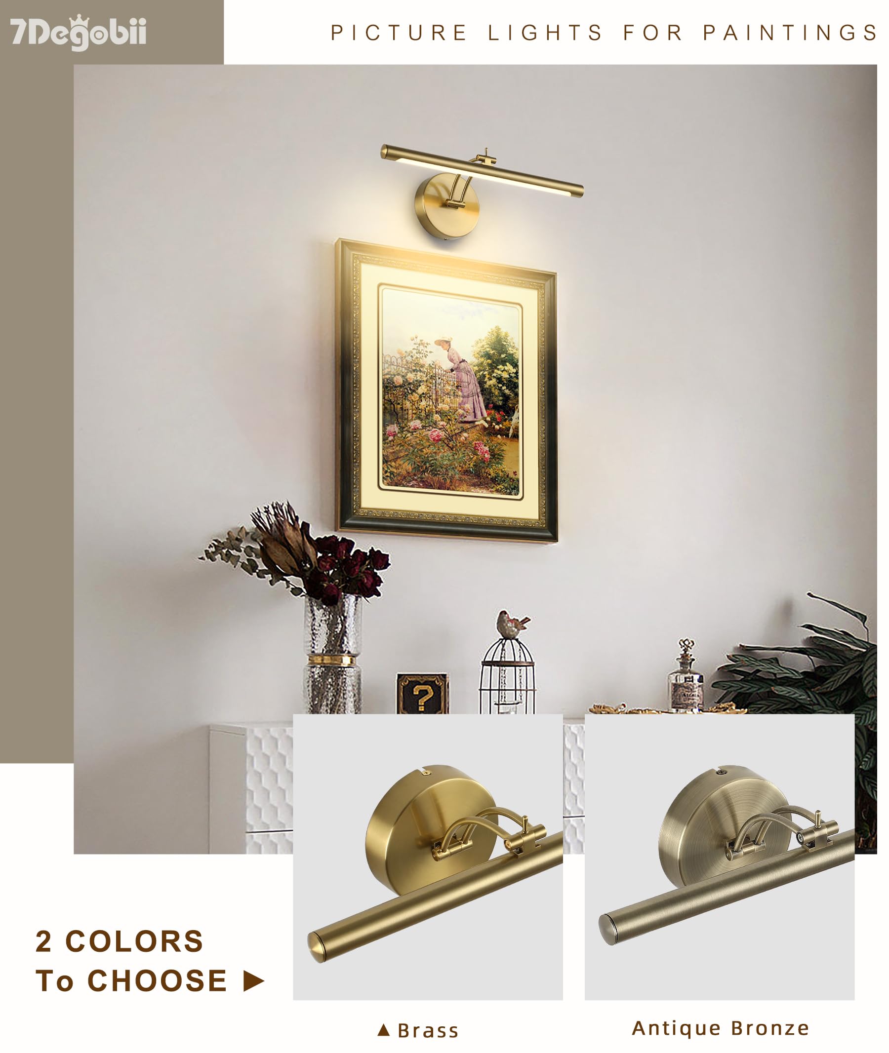 Lampada da parete dimmerabile rigida cablata da 15,75 pollici braccio oscillante regolabile in ottone luci da parete per immagini Display a LED per opere d'arte 7 W bianco caldo