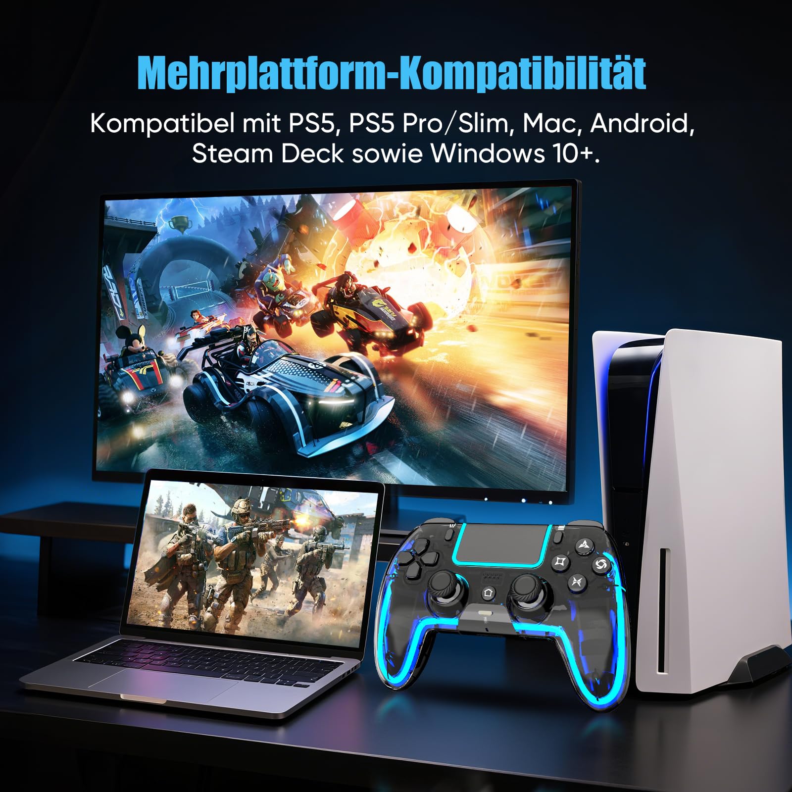 BETMI Wireless Controller für PS5, Pro/Slim/MAC/Steam Deck/PC, Hall-Effekt-Joystick, Doppelvibration/Makro/Turbo, 6-Achsen, RGB-LED dynamische Farbwechsel Cool Glow Licht mit Lautsprecher