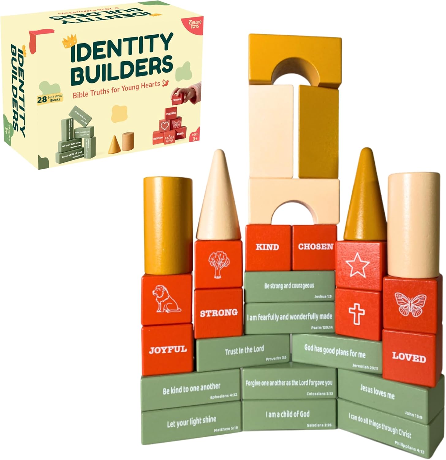 Bible Building Blocks for Kids – Christian Wooden Toy with Bible Verses & Positive Identity Words, Faith-Based Learning Set with Storybook & Storage Bag (Ages 3+) – Christian Gifts - KultureGames
