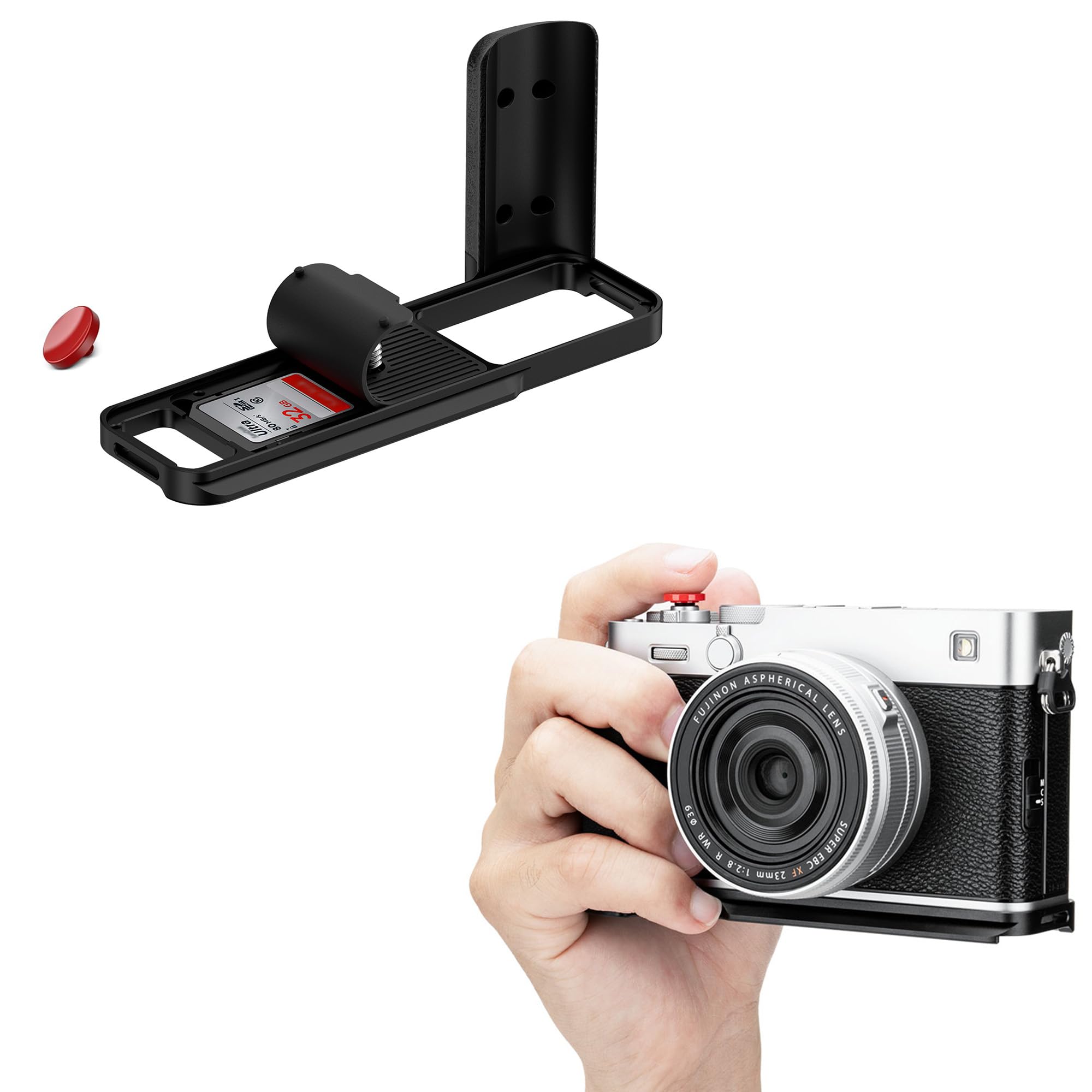 Impugnatura a L in metallo JJC con pulsante di scatto compatibile con Fujifilm X-E5, XE5, sgancio rapido per Arca, impugnatura per Peak Design Capture Camera Clip V3, slot per scheda SD integrato