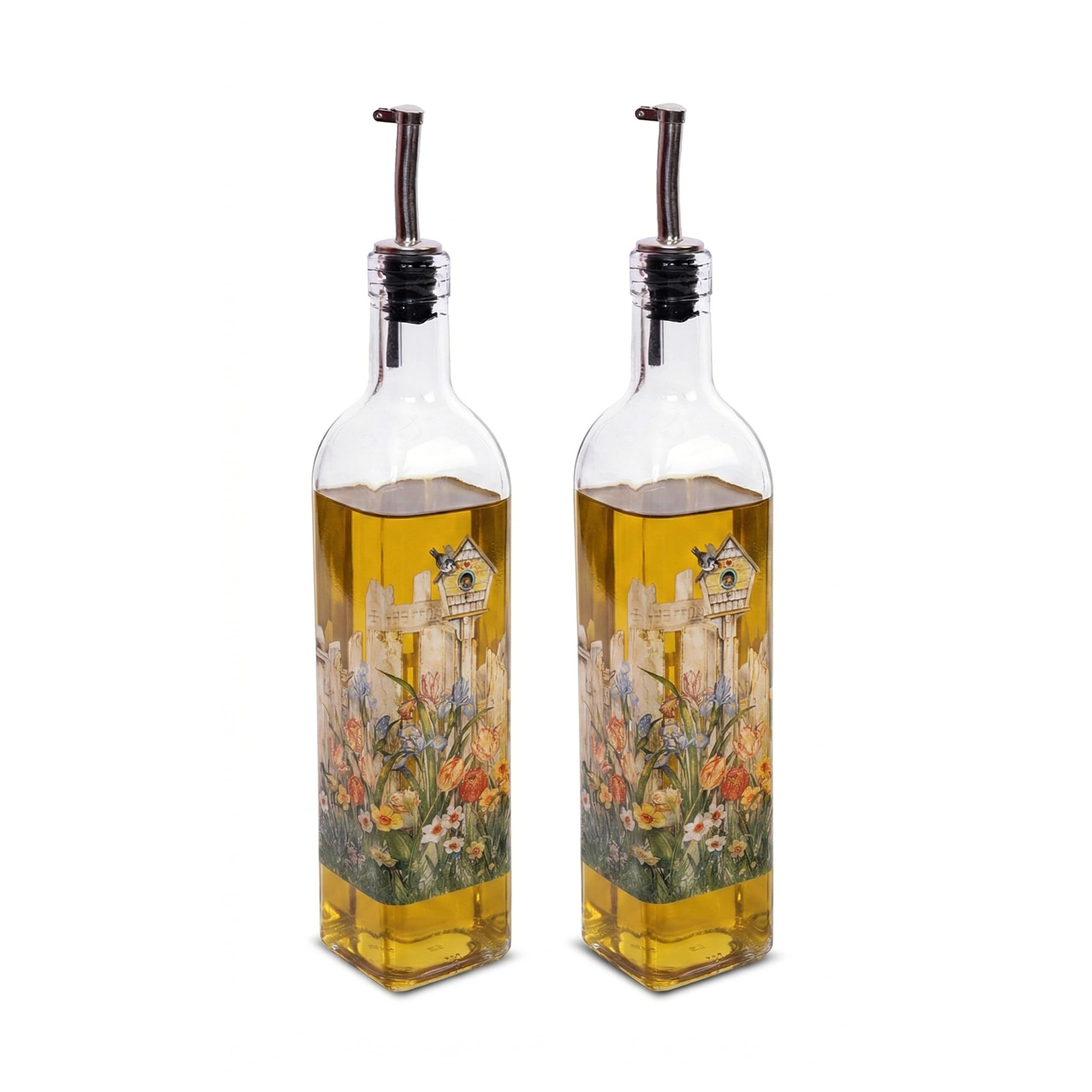 Olivenölflasche, Öl- und Essigflasche, 500 ml – Spenderflaschen-Set, Glasbehälter mit tropffreien Ausgießern aus Edelstahl, Flaschenset für Küche, Garten