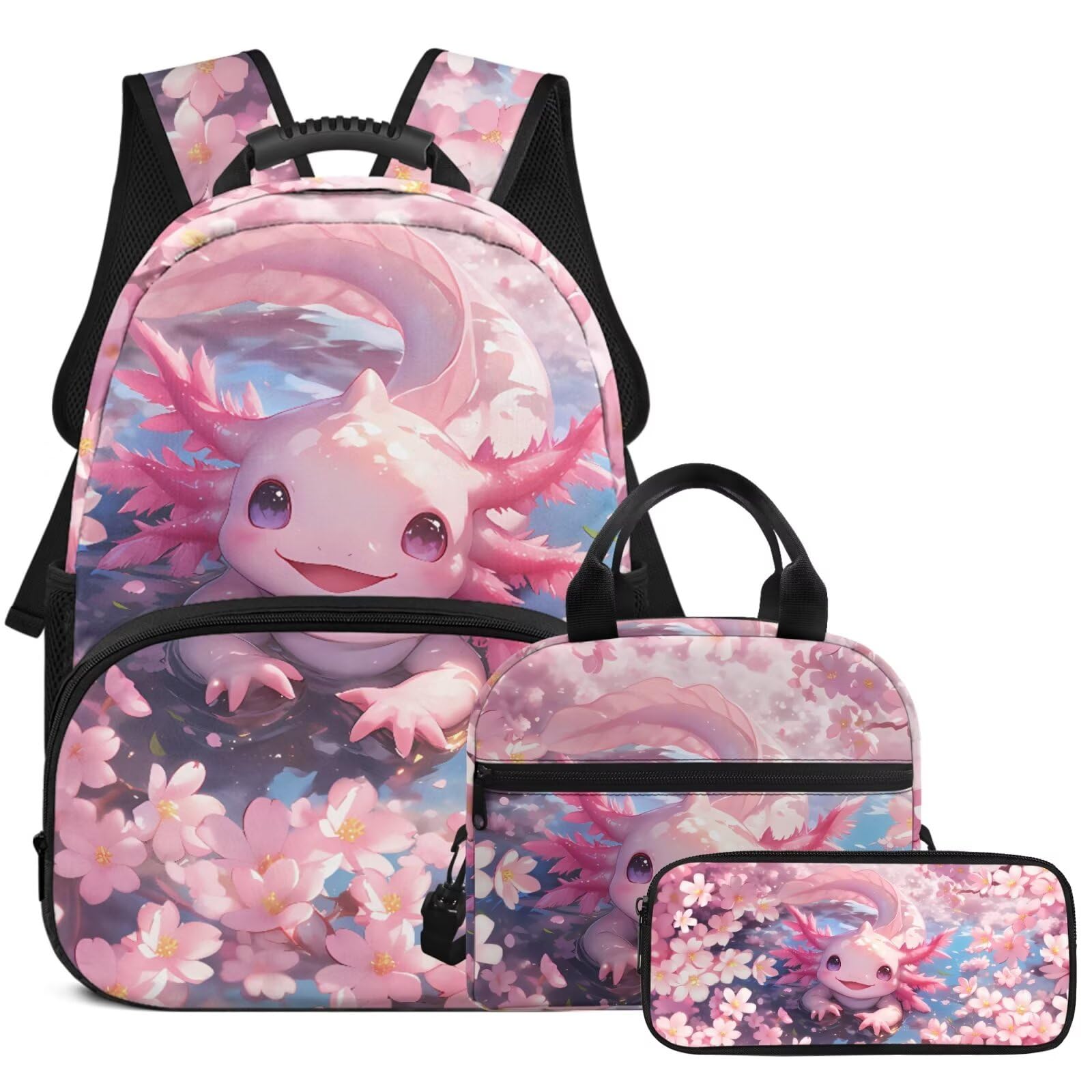 Freewander Cute Axolotl Backpack with Lunch Box Cherry Blossom Girls School Bag Set for Kids Bookbag with Lunch Bag Pencil Case 3 in1 Set Girls