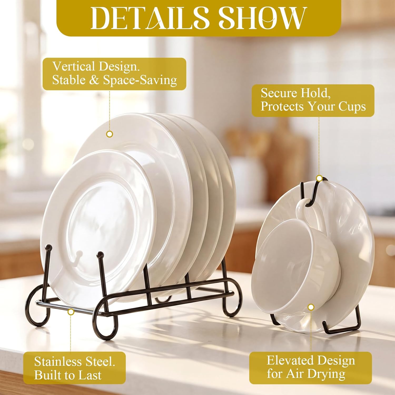 Plate Stands and Cup Holder, 3-Tier Plate Stand for Display and Cup and Saucer Display Stand Holder Metal Dish Rack Cabinet Organizer for Plates Tea Cups Coffee Mug(Black,12 Pcs)