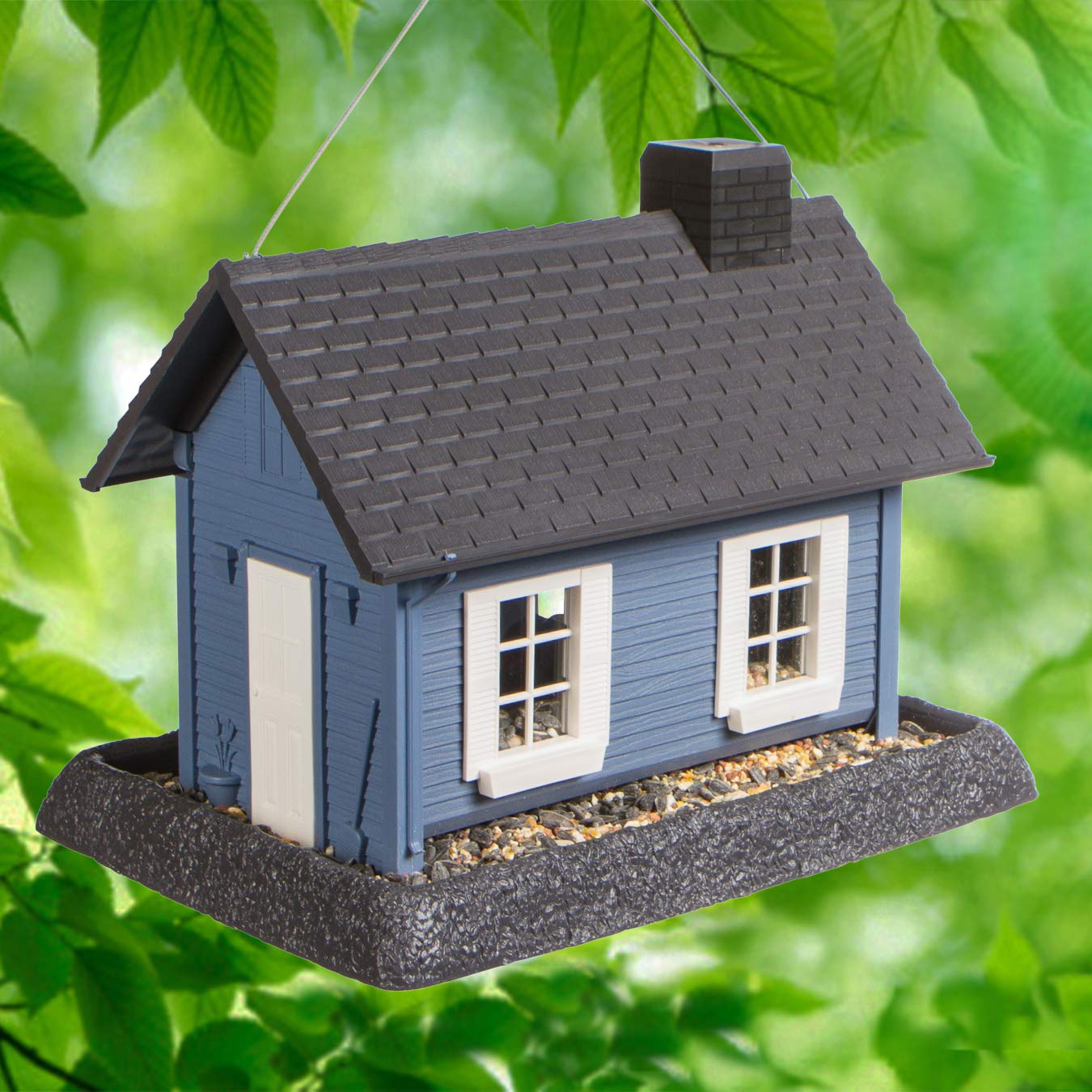 North StatesVillage Collection Large Blue Cottage Birdfeeder: Easy Fill and Clean. Squirrel Proof Hanging Cable included, or Pole Mount (pole sold separately). Extra Large, 8 pound Seed Capacity (10.25 x 14.5 x 11, Blue)