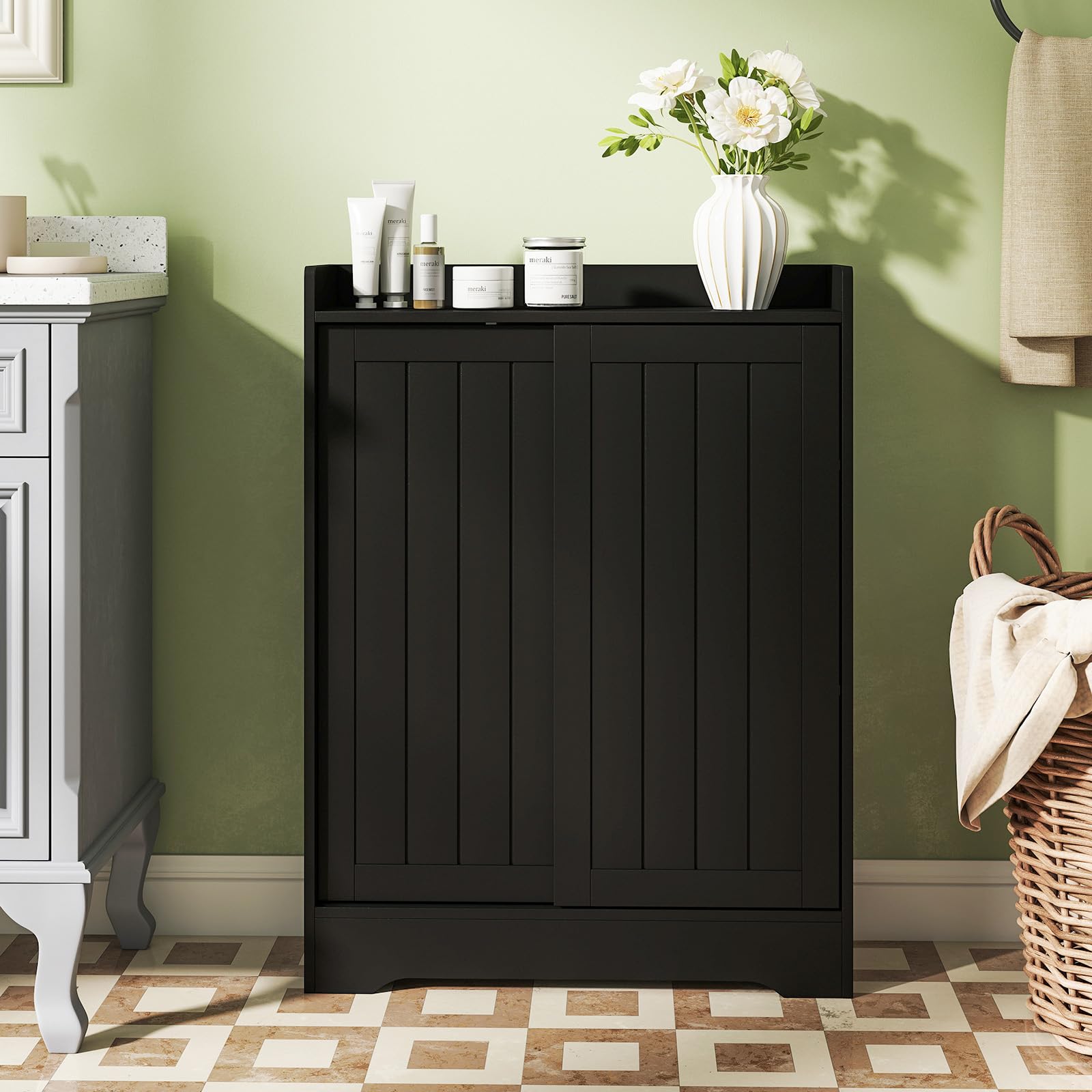 COSTWAY Meuble Salle de Bain, Armoire de Rangement avec 2 Porte-Papier Toilette, Portes Coulissantes, pour Brosse WC, Étagères Réglables, Placard, pour Petits Espaces, 20 x 60 x 80 cm (Noir)