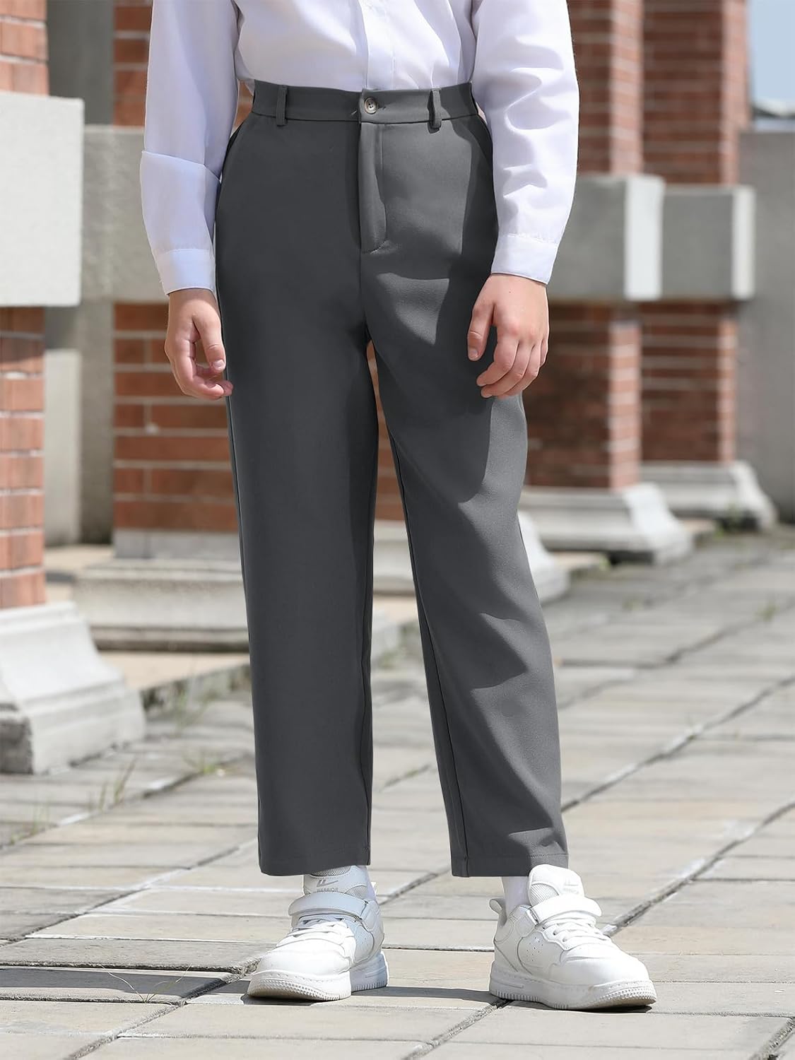 Haloumoning Boys Dress Pants Kids Elastic Waist Straight Leg Uniform Pants Casual Trousers with Pockets - Image 2