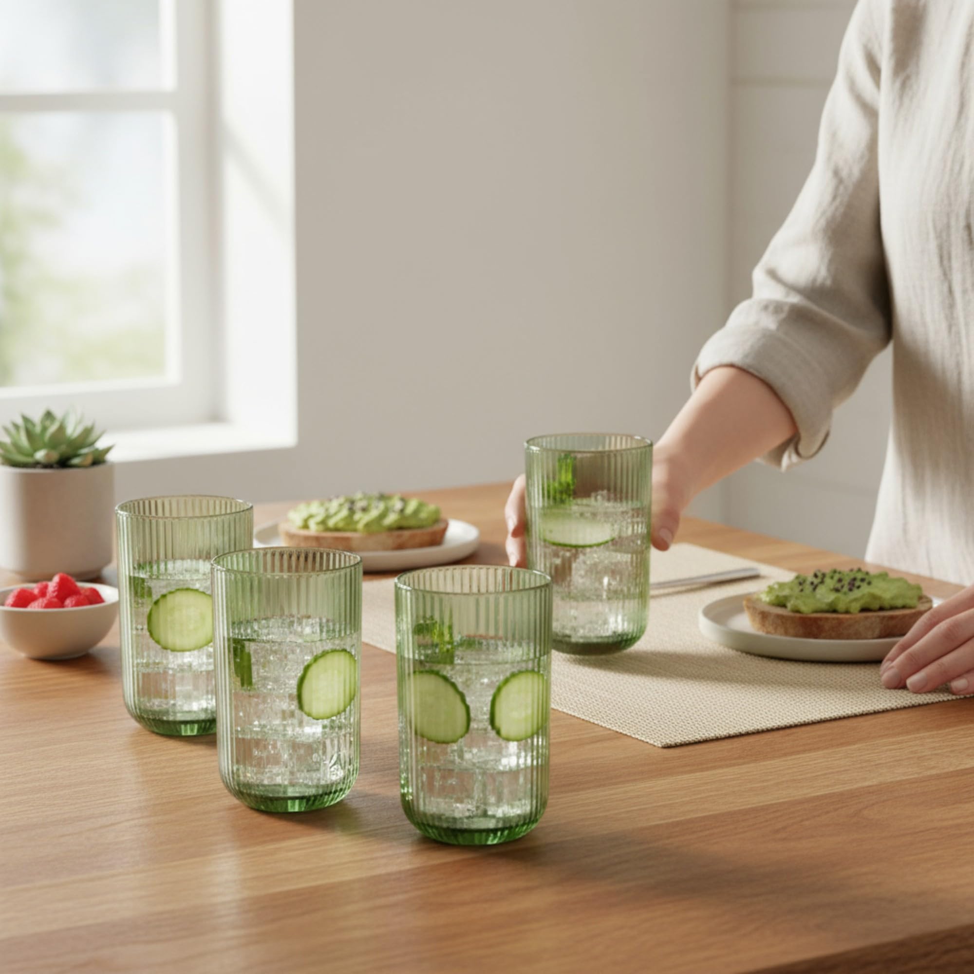 GMMH 6er-Set Geriffelte Trinkgläser und Weingläser, Line, Linie Geriffelt, Ribbed, Glas, Longdrinkgläser, Cocktail Gläser mit Prägung, Trinkglas, Weinglas, Wasserglas (Grün Trinkglas)