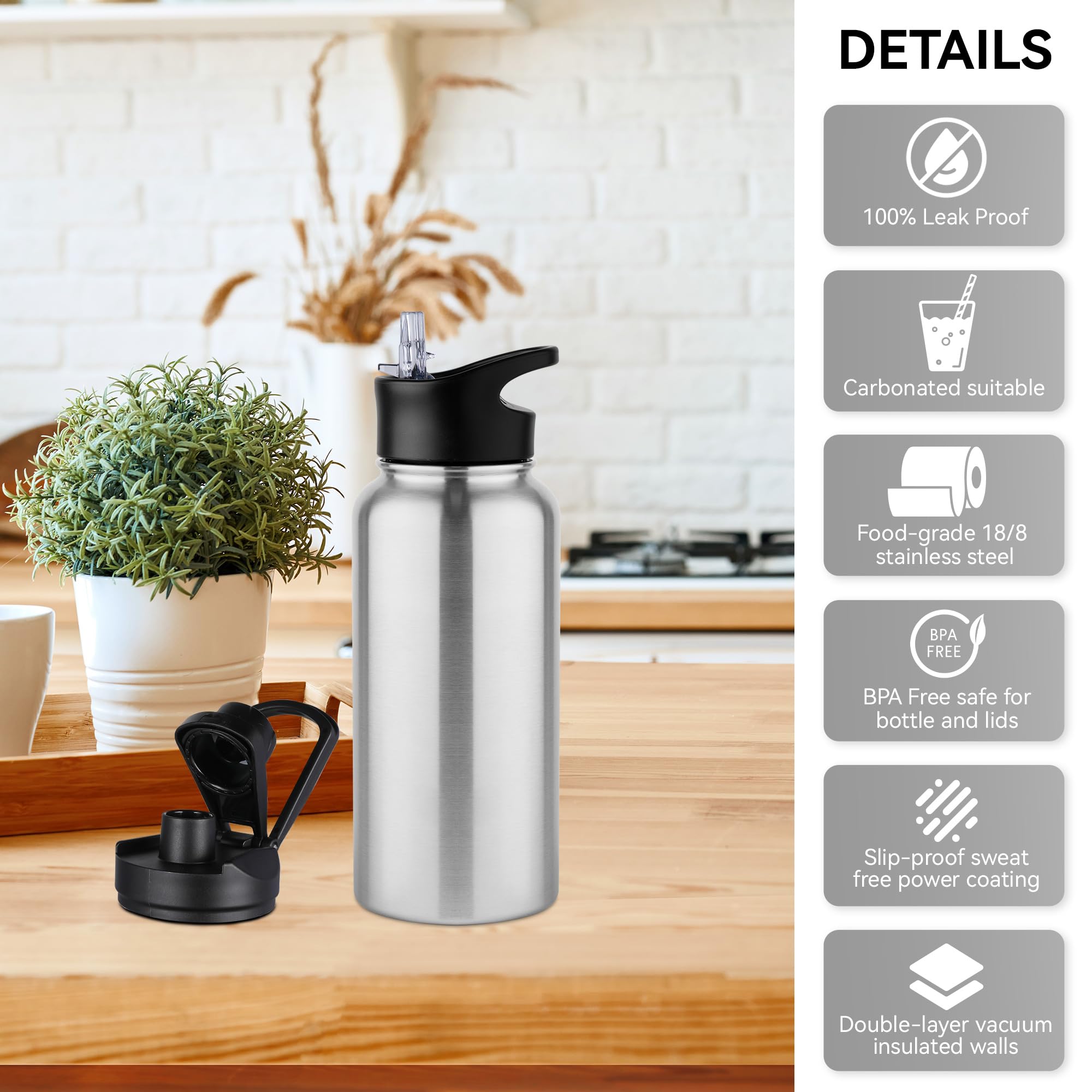 MURBONE Insulated Water Bottle, 1L Stainless Steel Drink Flask with Straw, BPA Free - Image 4