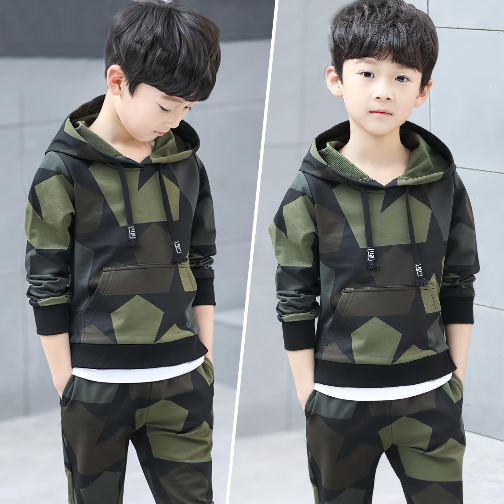 Tuta da Jogging per Bambini 2 Pezzi Tuta Sportiva Mimetica Giacca Sportiva con Cappuccio e Pantaloni