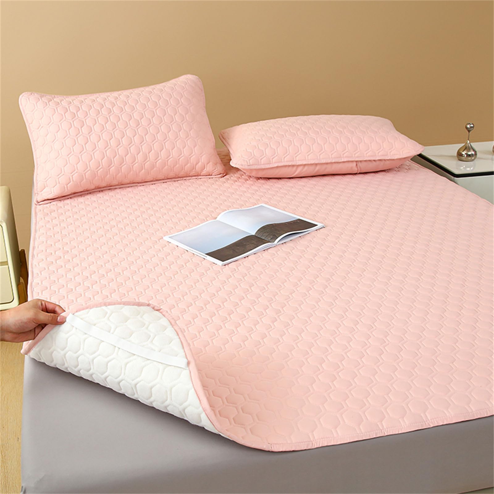 Odot Solid Color Mattress Protector, Mattress Protector with 4 Side Elastic Strap, TPU Waterproof Bottom Design Quilted Mattress Topper Mattress Cover for Deep Mattresses (180x200cm,Pink)