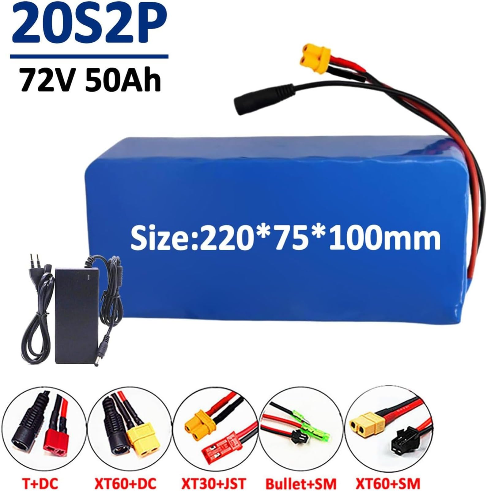72V 50Ah 20S2P Batteria Ricaricabile Agli Ioni Di Litio, Impermeabile, Per Ebike E Scooter Elettrici, Con BMS E Caricabatterie(XT30+JST)