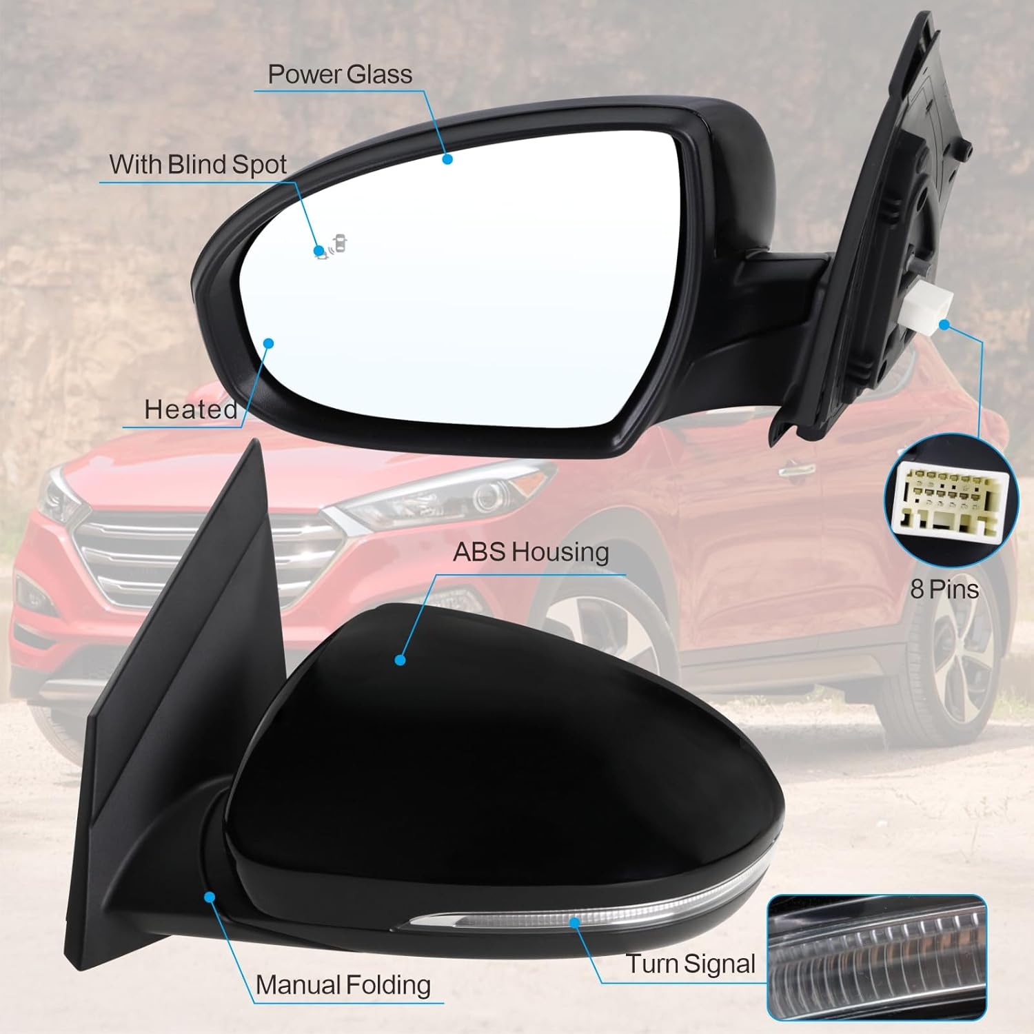 Left Driver Side Mirror Compatible With 2016 2017 2018 Hyundai Tucson With Manual folding Power glass Turn Signal Heated Blind Spot Black Replace #HY1320231(8Pins)