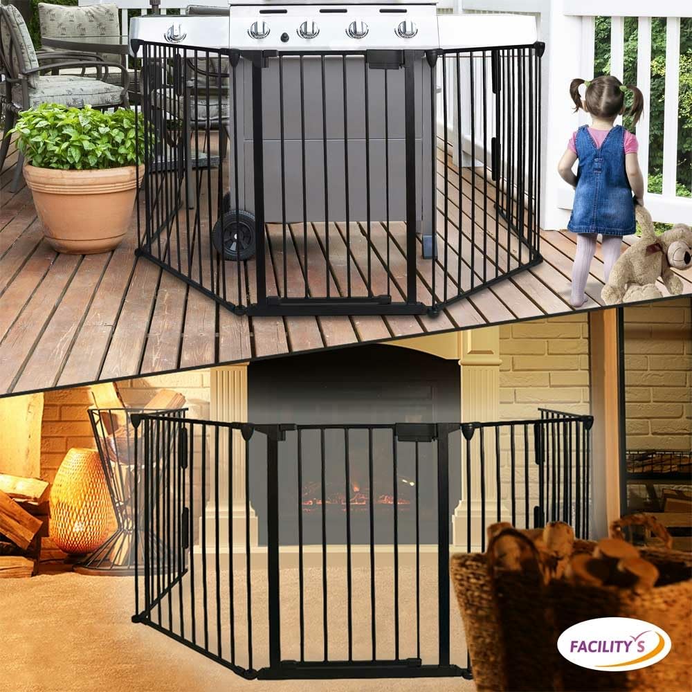 FACILITYS - Barrière de Sécurité Enfant - Grille Protection Cheminée Enfant Pliable - Grand Format en Métal de 300 cm - 1 Porte et 5 Panneaux Préassemblés - Barrière Poêle à Bois et Escalier