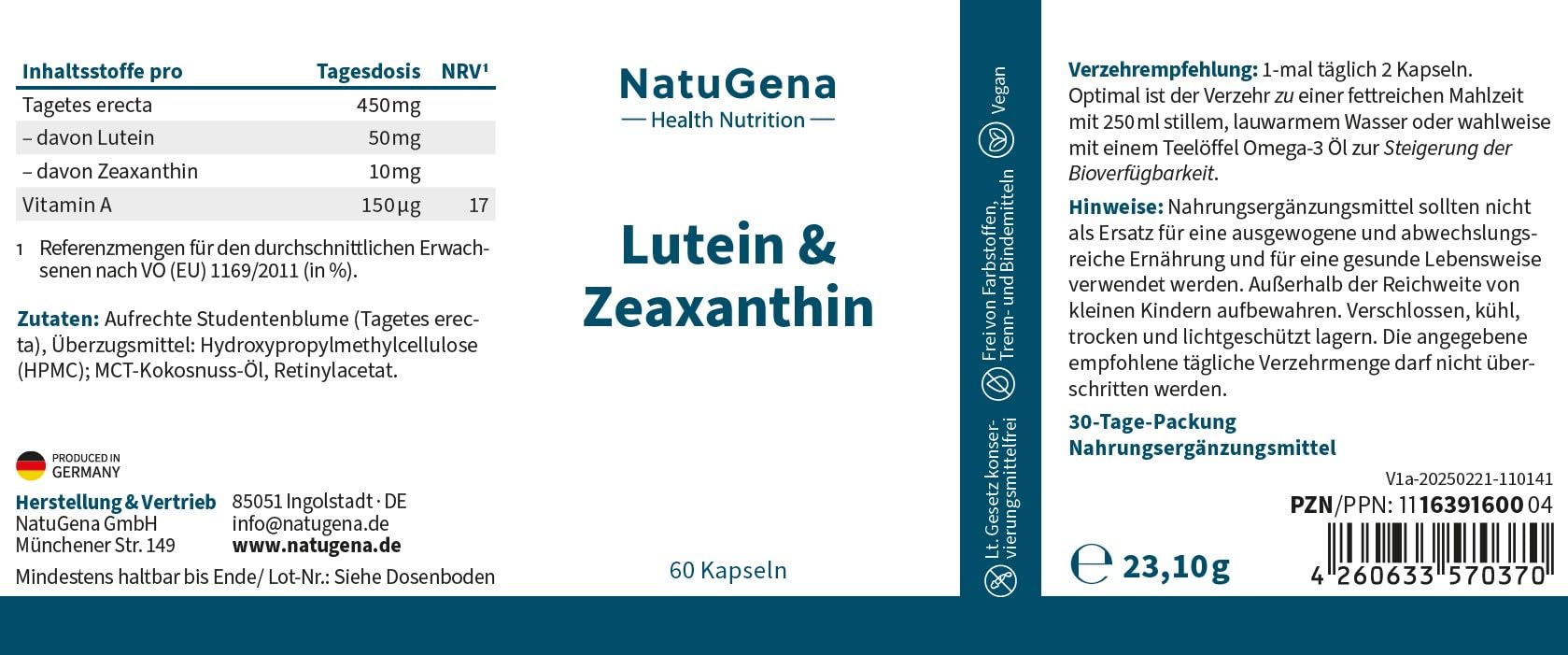 NatuGena Lutein & Zeaxanthin, aufrechten Studentenblume (Tagetes erecta), Carotinoide (sekundären Pflanzenstoffen), Vitamin A, 60 Kapseln (1 Monats Packung)