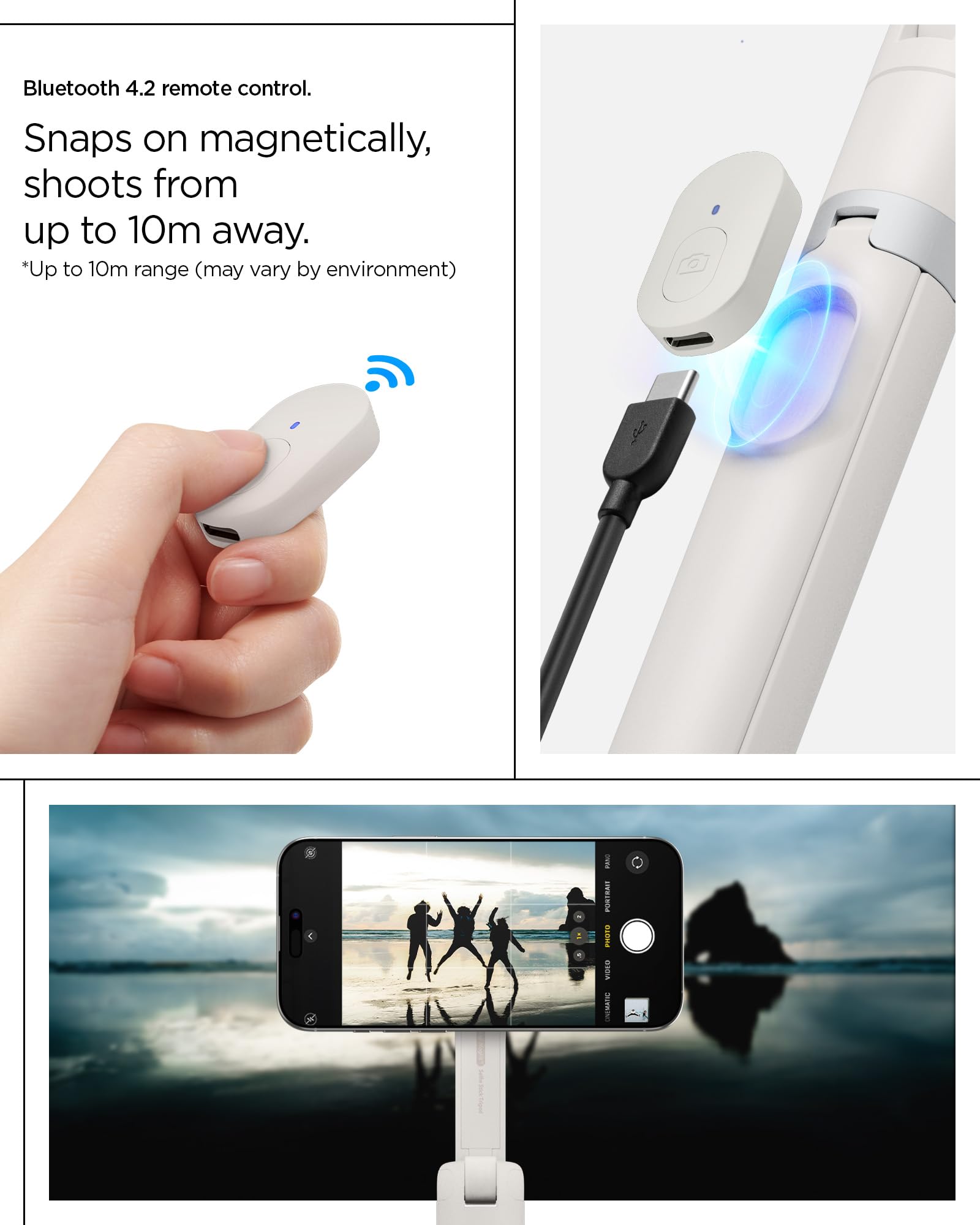 Spigen Trípode One Push S581W, Palo para Selfies de 168,5 cm con Apertura automática, Compatible con MagSafe, Bluetooth 4.2 Compatible con iPhone, Galaxy, Pixel, Xiaomi, OnePlus y más - Dune Beige