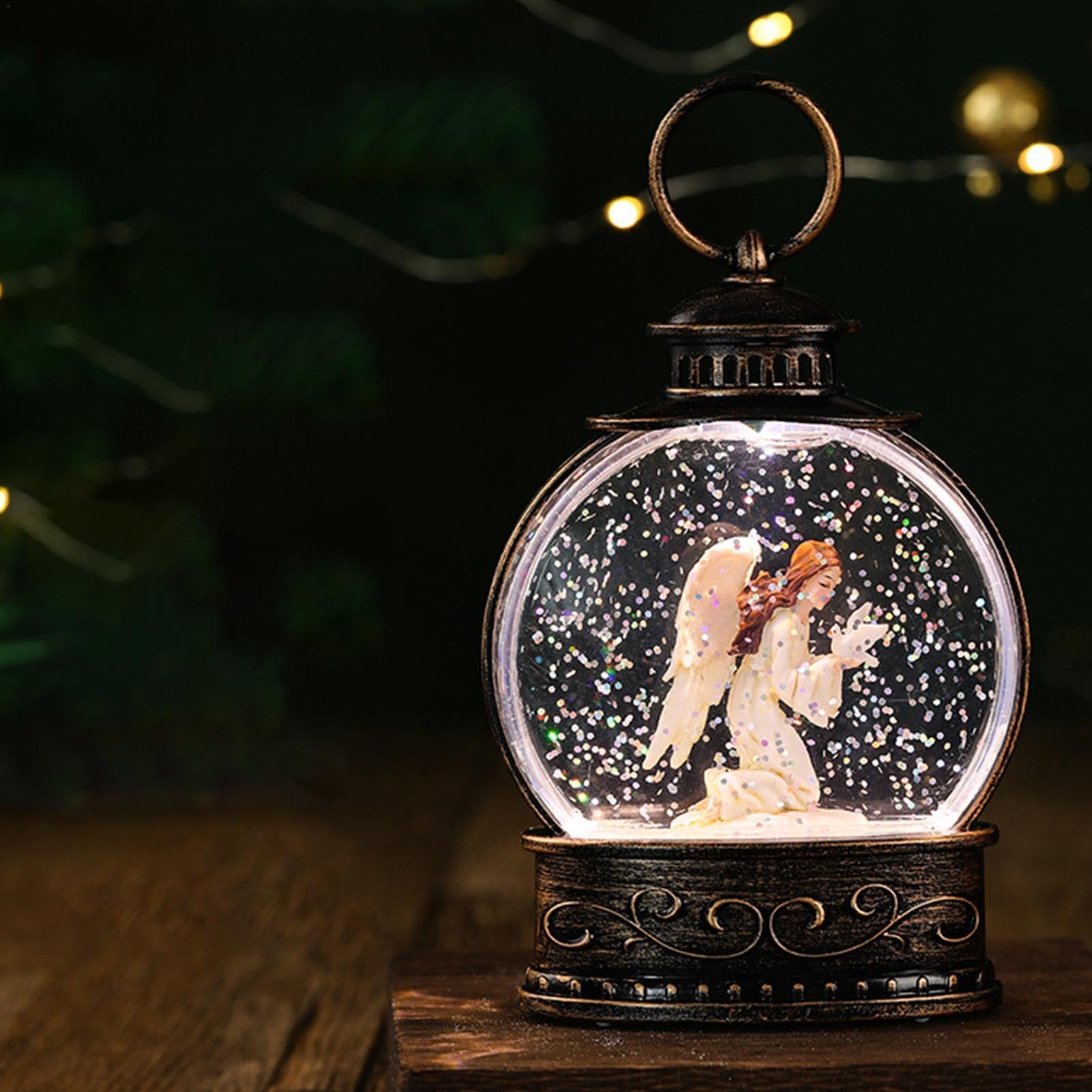 Lanterna Decorativa Natalizia Con Sfera di Neve, Musica e Glitter - Luce Notturna Vintage USB e Batteria per Camini da Tavolo