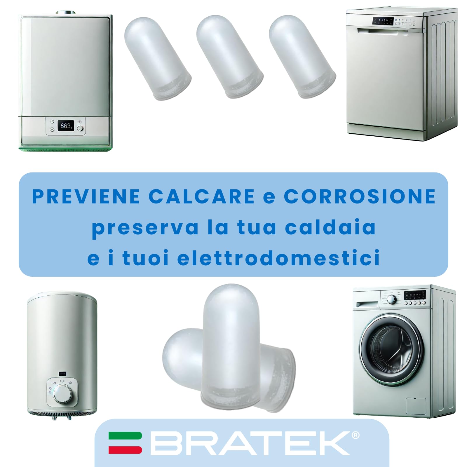 Bratek Polifosfati per Caldaia Ricarica in Cartucce Universali Made in Italy - 6 Cartucce Dosatore Polifosfati per Caldaia Compatibili con Filtro Anticalcare Standard x Protezione Impianto Idraulico