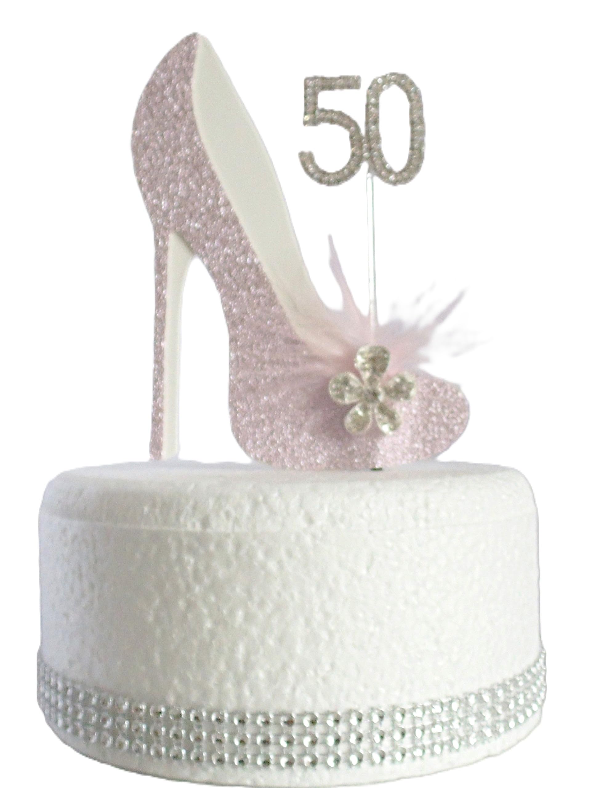 ANY AGE Birthday Cake Decoration. Shoe Shaped Cake Topper with Feathers and Crystal Flower Embellishments and Diamante Number Non- Edible