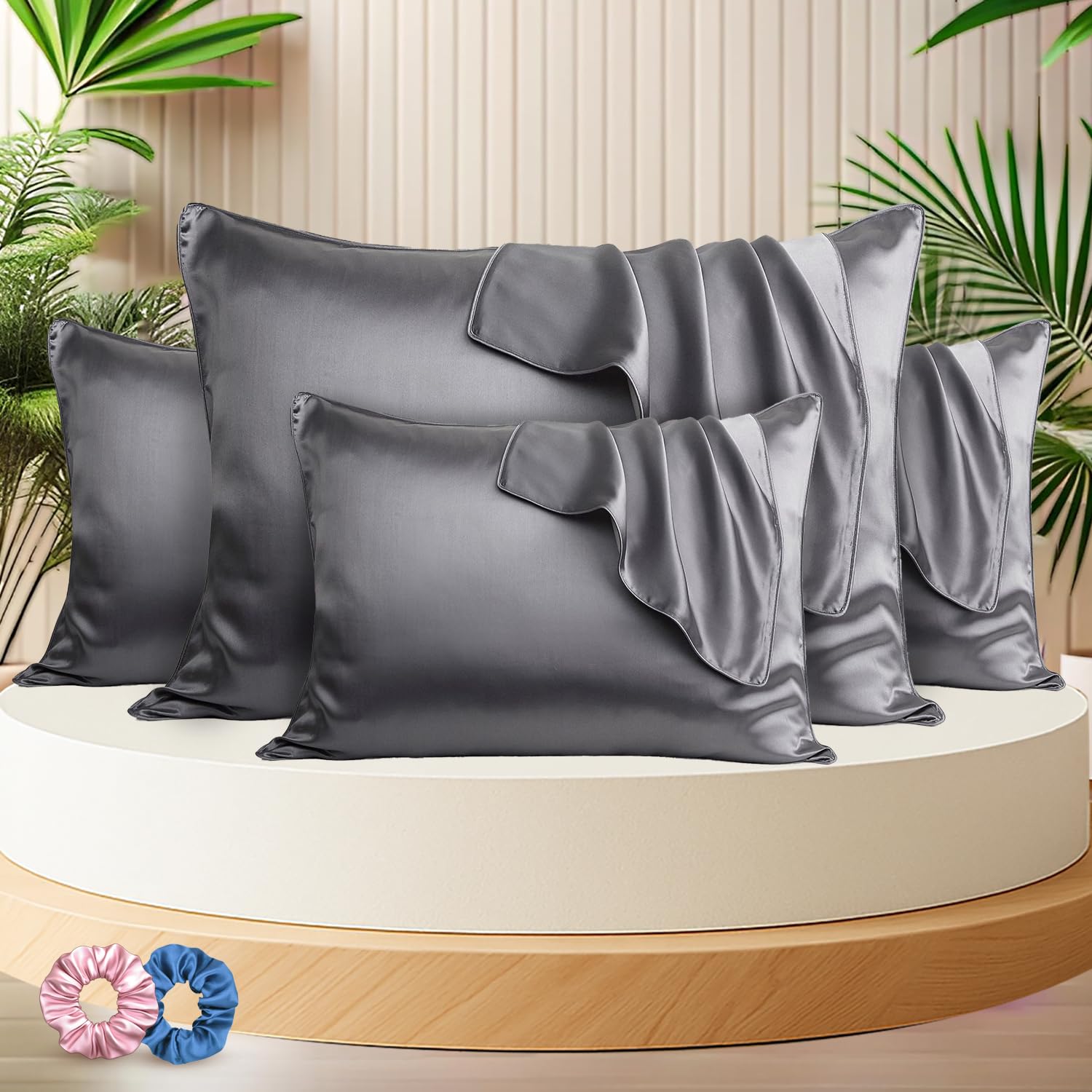 SITTELLA Satin Pillow Covers for Hair | Set of 4 + 2 Free Satin Scrunchies | Silk Pillow Case | Soft Pillow Satin Cover with Hidden Zipper | Pillow Cover | Grey