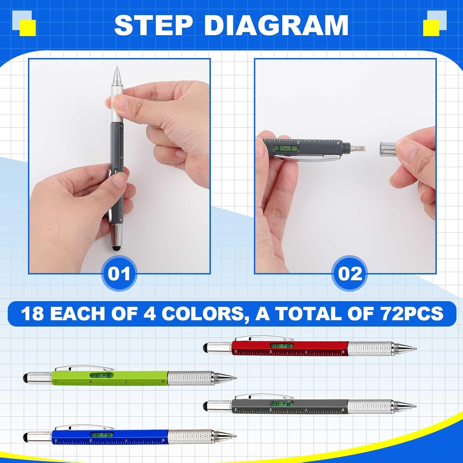 Zhanmai 72 Pcs Christmas Multitool Pen Gifts Bulk 6 in 1 Tool Pen with Level Gauge Ruler, Screwdriver, Stylus & 80 Replacement Refills, Unique Birthday Gifts for Men(Red,Green,Blue,G,Gray)