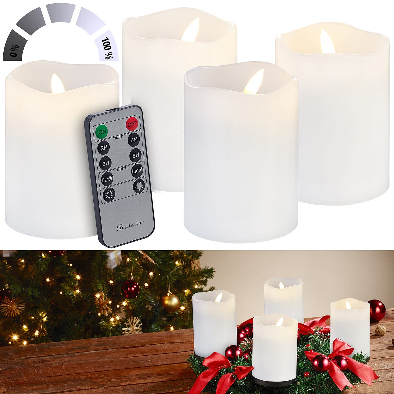 Adventskraenze: Adventskranz mit rotem Schmuck, inkl. LED-Kerzen in weiß (Adventskranz künstlich geschmückt, Adventdekorationen, Kerze)