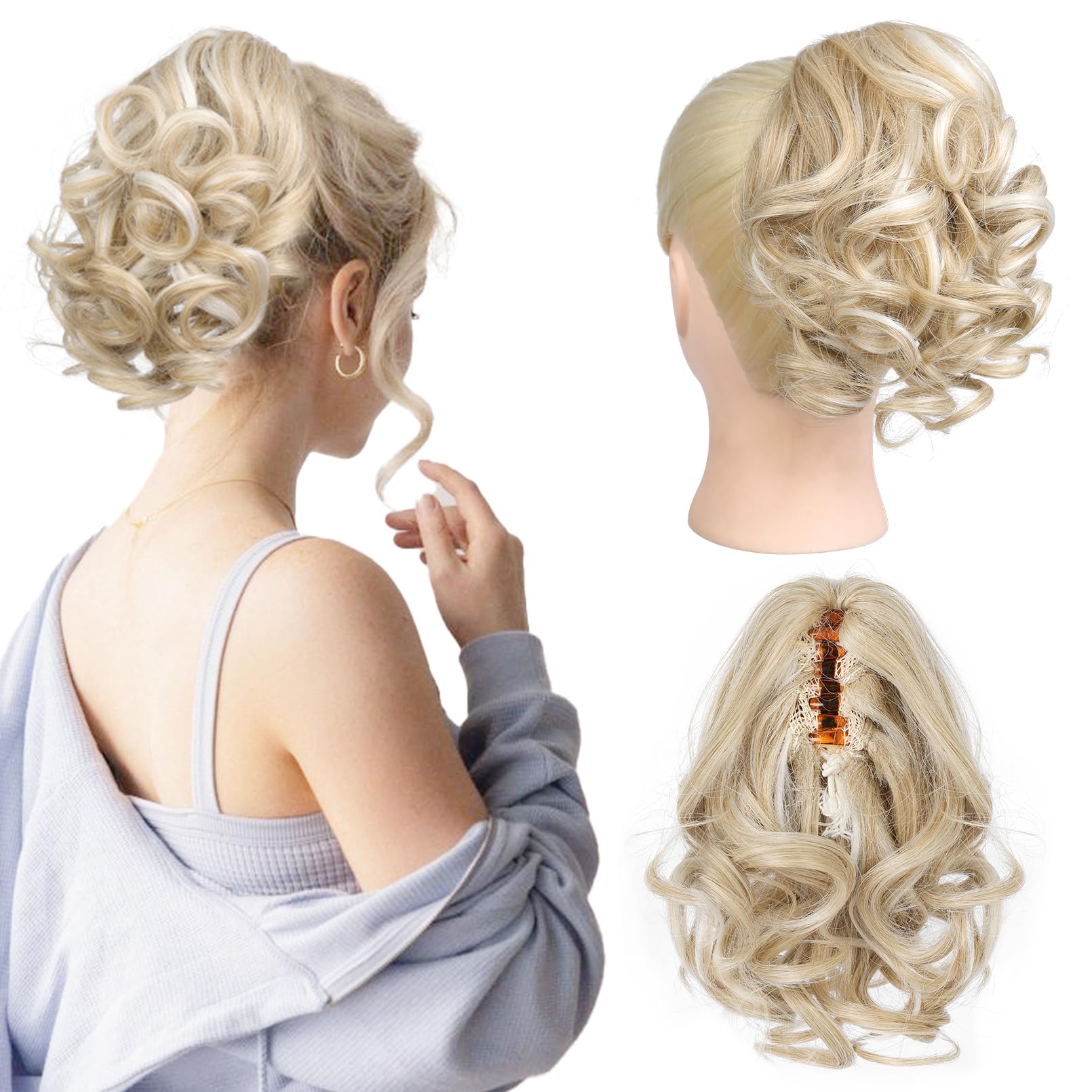 REECHO 9" Short Ponytail Extension, Classic Loose Curly Wavy Claw Clip Pony tails Hair Extensions HP001 Hairpieces for Women - Natural Blonde with Highlights