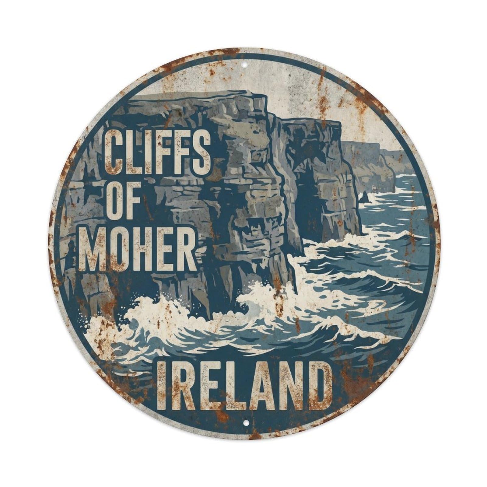 Cmhok Vintage Style-18 Vintage Travel Cliffs Moher Ireland Artwork Metal Tin Sign Plaque Wall Decor For Cafe, Club, Garden Round Metal Poster 8X8inch