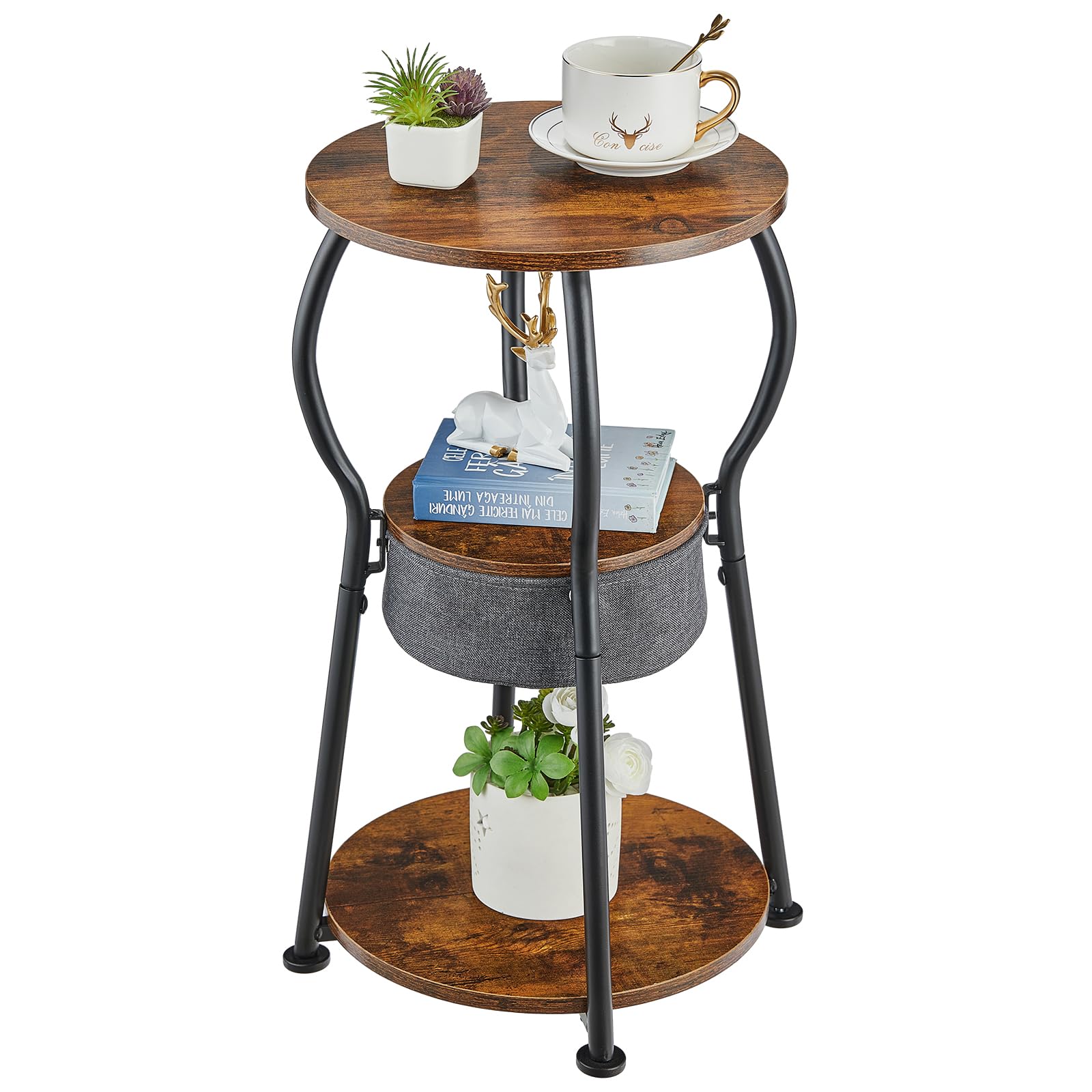 ZEXVIDA Runder Beistelltisch Vintage, 3-stufiger Industrieller Runder Beistelltisch mit Stauraum, Nachttisch Kleiner Tisch Sofatisch für Wohnzimmer Schlafzimmer Balkon (Vintagebraun, 30W*55H cm)