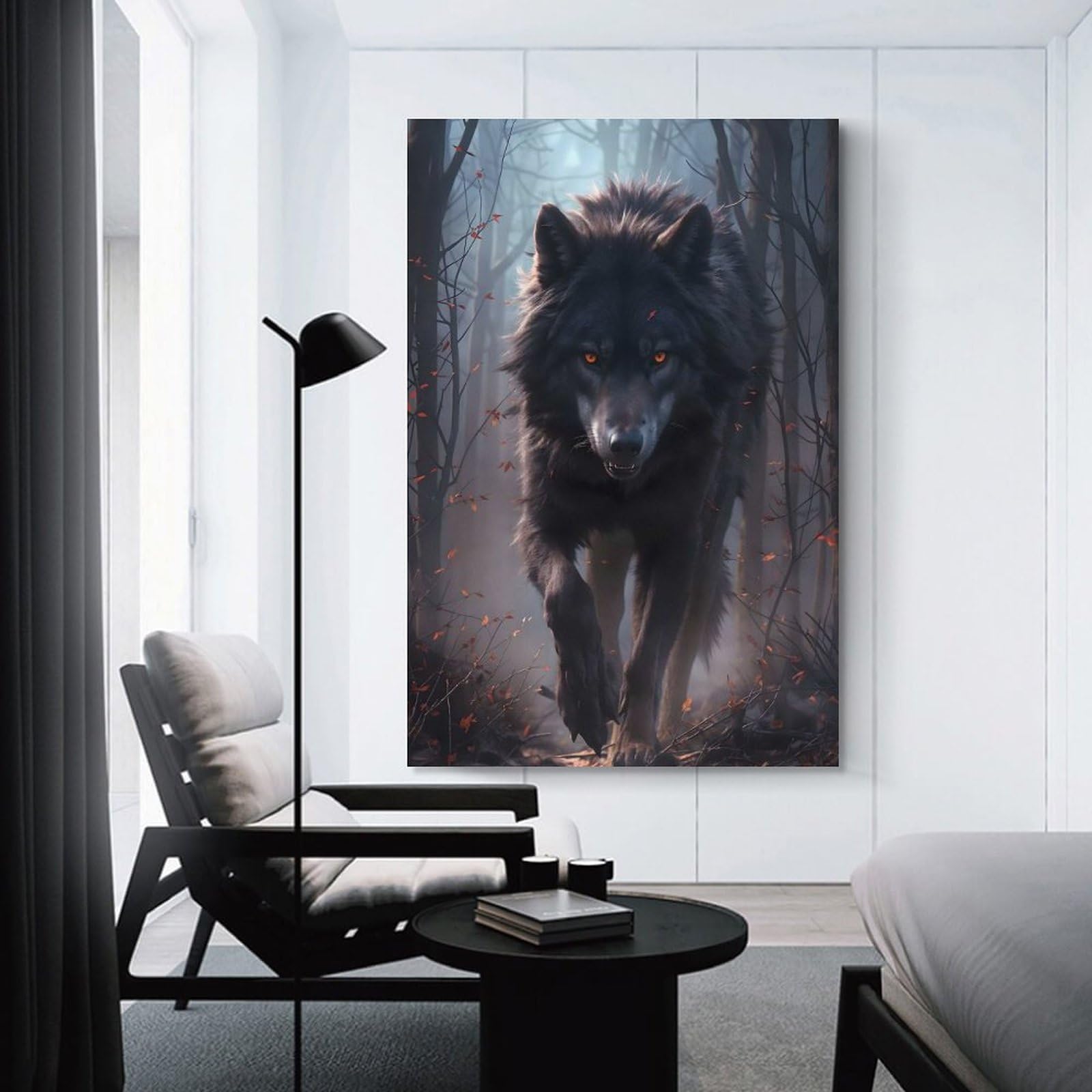 Junmoney Unframe-Style-12 Black Wolf In The Woods Decorative Wall Artwork, 08X12inch(20X30cm), For Hallway, Lounge Or Guest Room, Decorative Present For New Homes