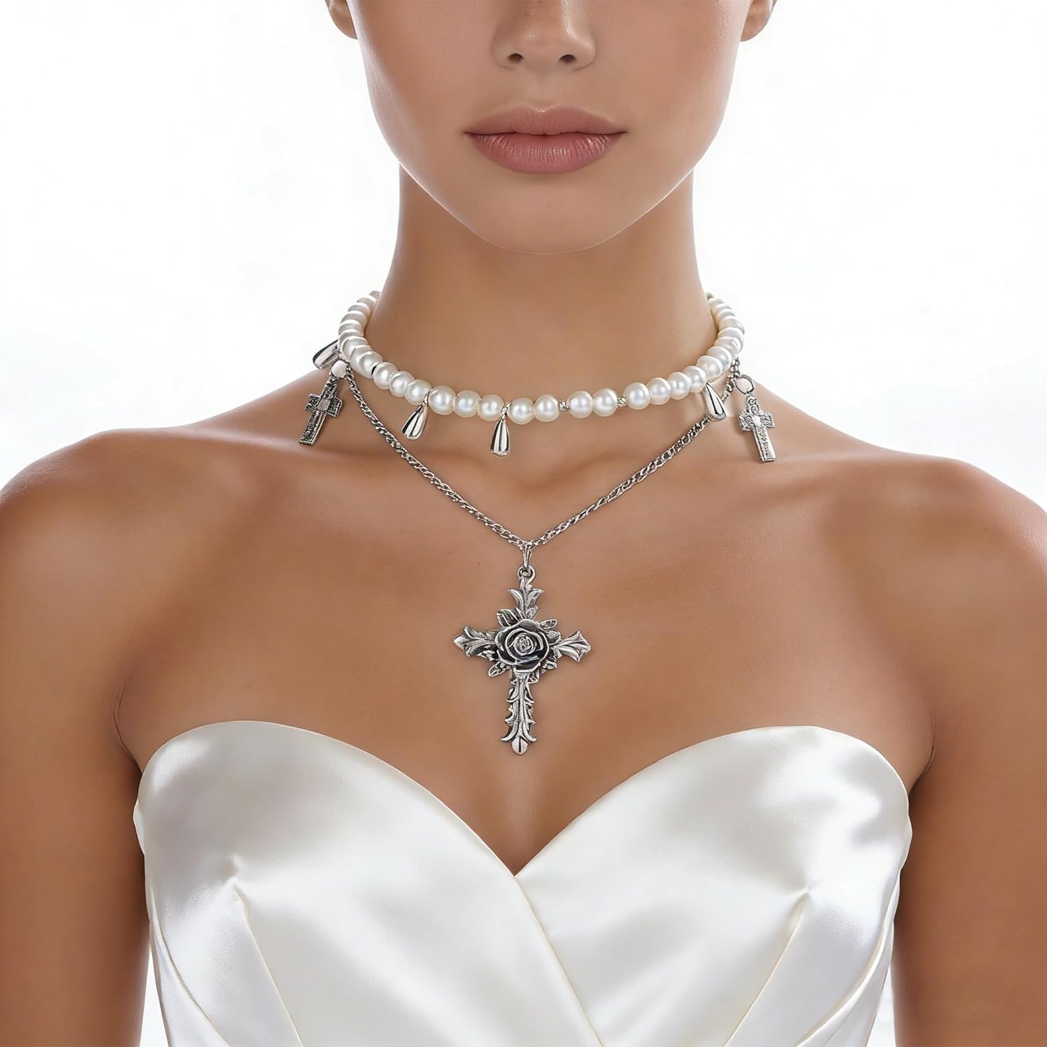 Gothic Cross Layered Necklaces, Goth Stacked Pearl Necklace with Cross Pendant for Women, Adjustable Statement Chunky Silver Jewelry for Women Cosplay Birthday Party Y2k Fashion Accessories - Image 3