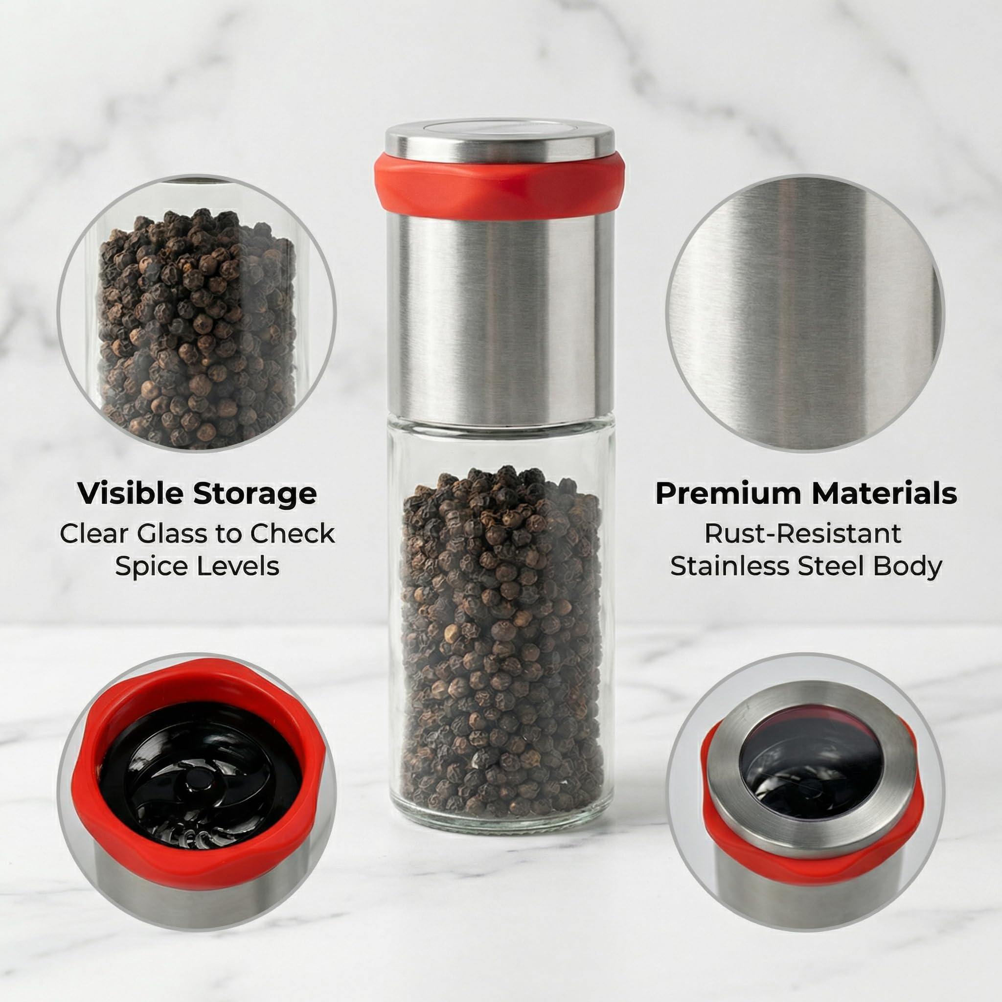 Molinillo de Guindillas con Cuchillas Acero Inox Molino Chiles Secos Regulable Triturador Especias Manual Depósito Vidrio Cortador Chiles No Se Atasca Antihumedad Anillo Silicona Roja Pimentero Mesa