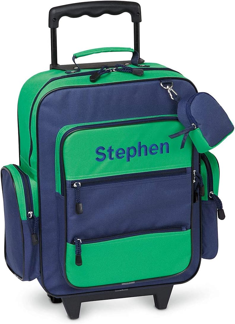 Lillian Vernon Personalized Rolling Luggage for Kids, 5-Pocket Navy & Green Design Suitcase Set With Clip-On Pouch, Customizable Boys Travel Carrier on Wheels, 5W x 12" L x 20”H