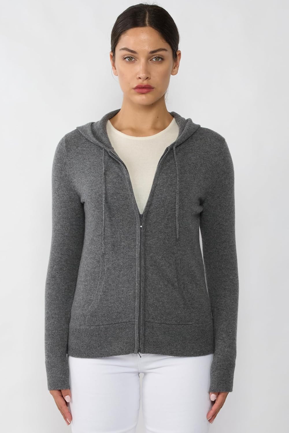 JENNIE LIU Women's 100% Pure Cashmere Long Sleeve Zip Hoodie Cardigan Sweater - Image 2