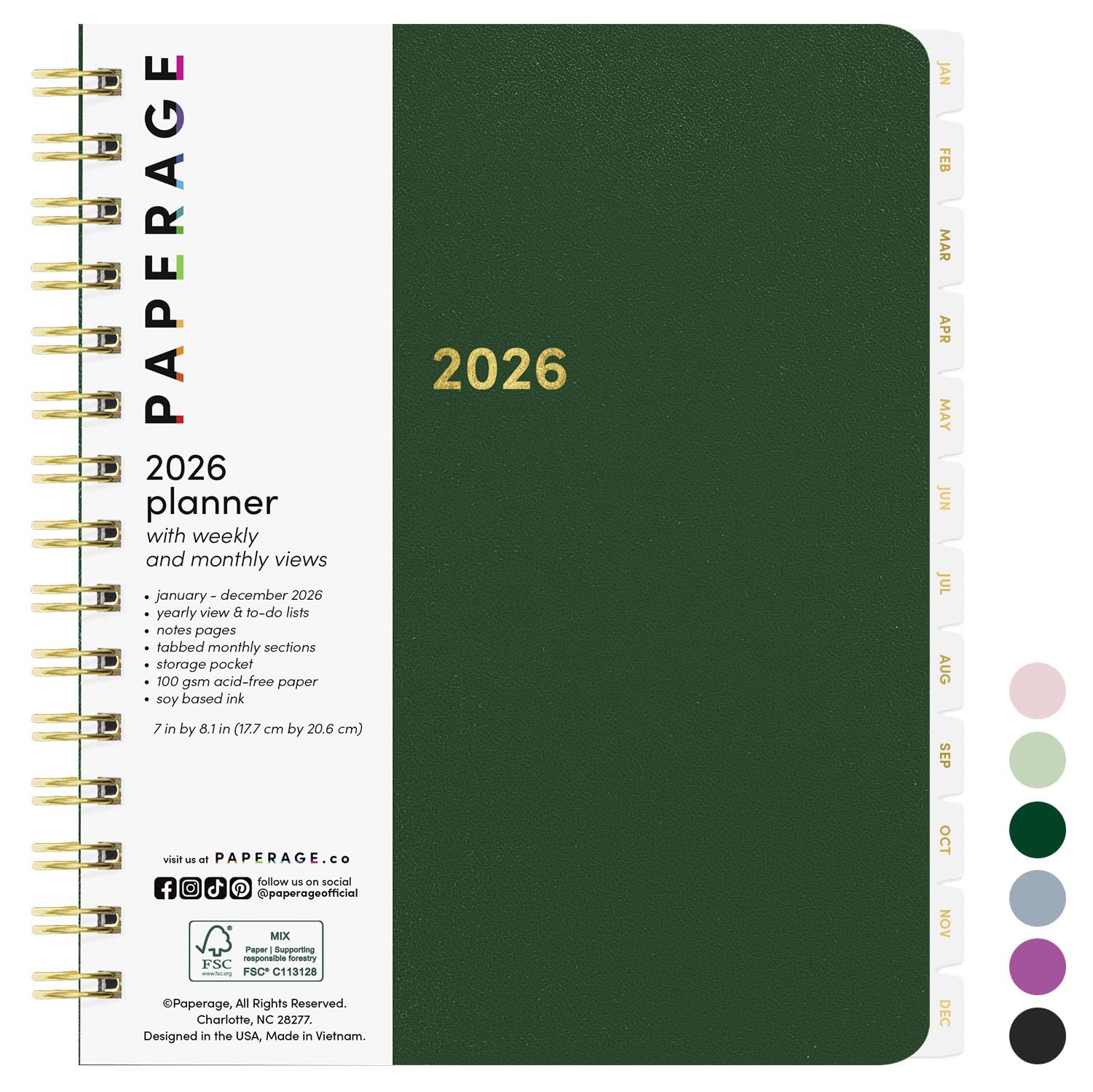 PAPERAGE 2026 Weekly & Monthly Planner, 12 Months (January 2026 - December 2026), 6.6 in x 8.1 in, Spiral Bound 2026 Planner with Weekly, Monthly & Yearly Views, Note Pages & Inner Pocket – Dark Green