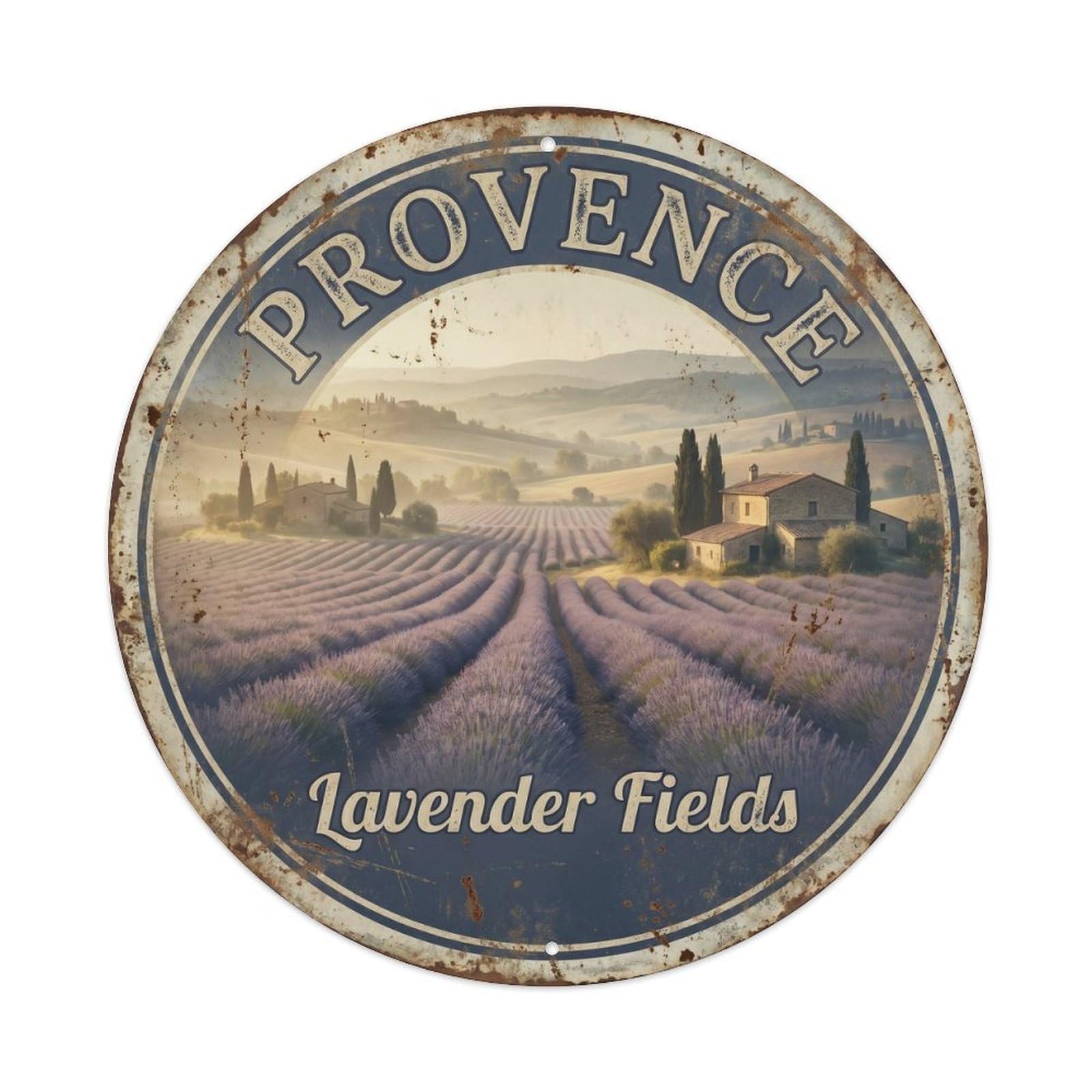 Vintage Travel Lavender Panorama France Metal Tin Sign Plaque Wall Decor for Cafe, Club, Garden Round Metal Poster 8x8Inch